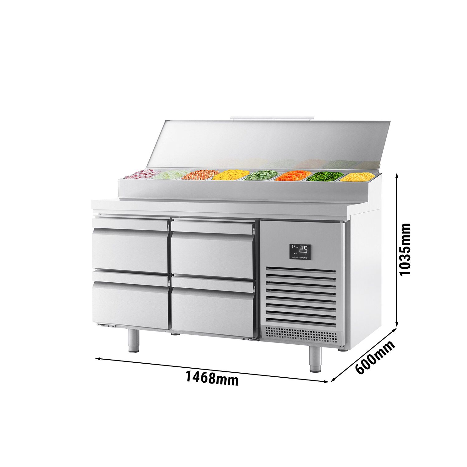 Table réfrigérée de préparation - 1468 x 600 mm - avec 4 tiroirs - avec superstructure en inox 8 x GN 1/4