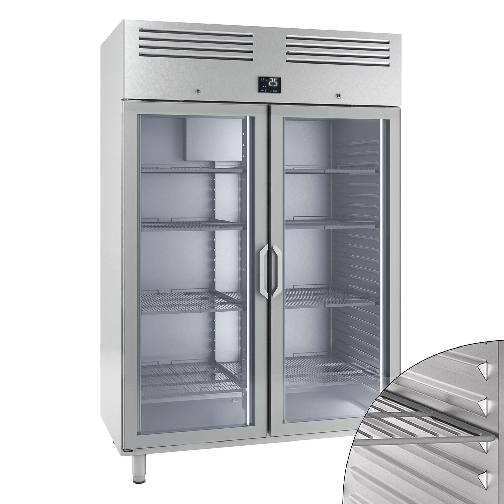 Armoire réfrigérée vitrée positive Inox AISI 304 PREMIUM PLUS - GN 1/1 - 1240 L - avec 2 portes vitrées & 8 grilles GN 2/1