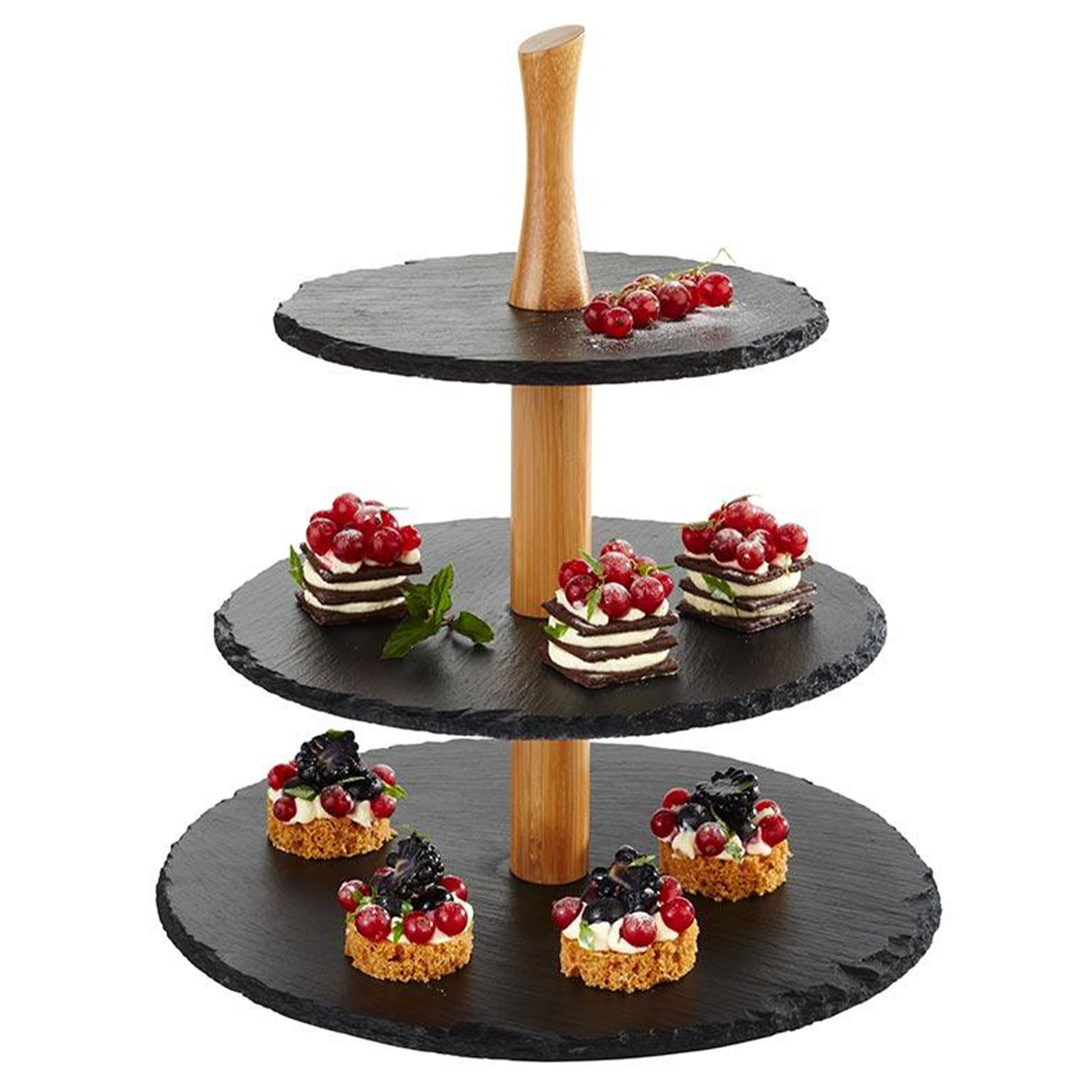 Présentoir buffet - 3 niveaux - Rond - Structure en bois - Plateaux en ardoise