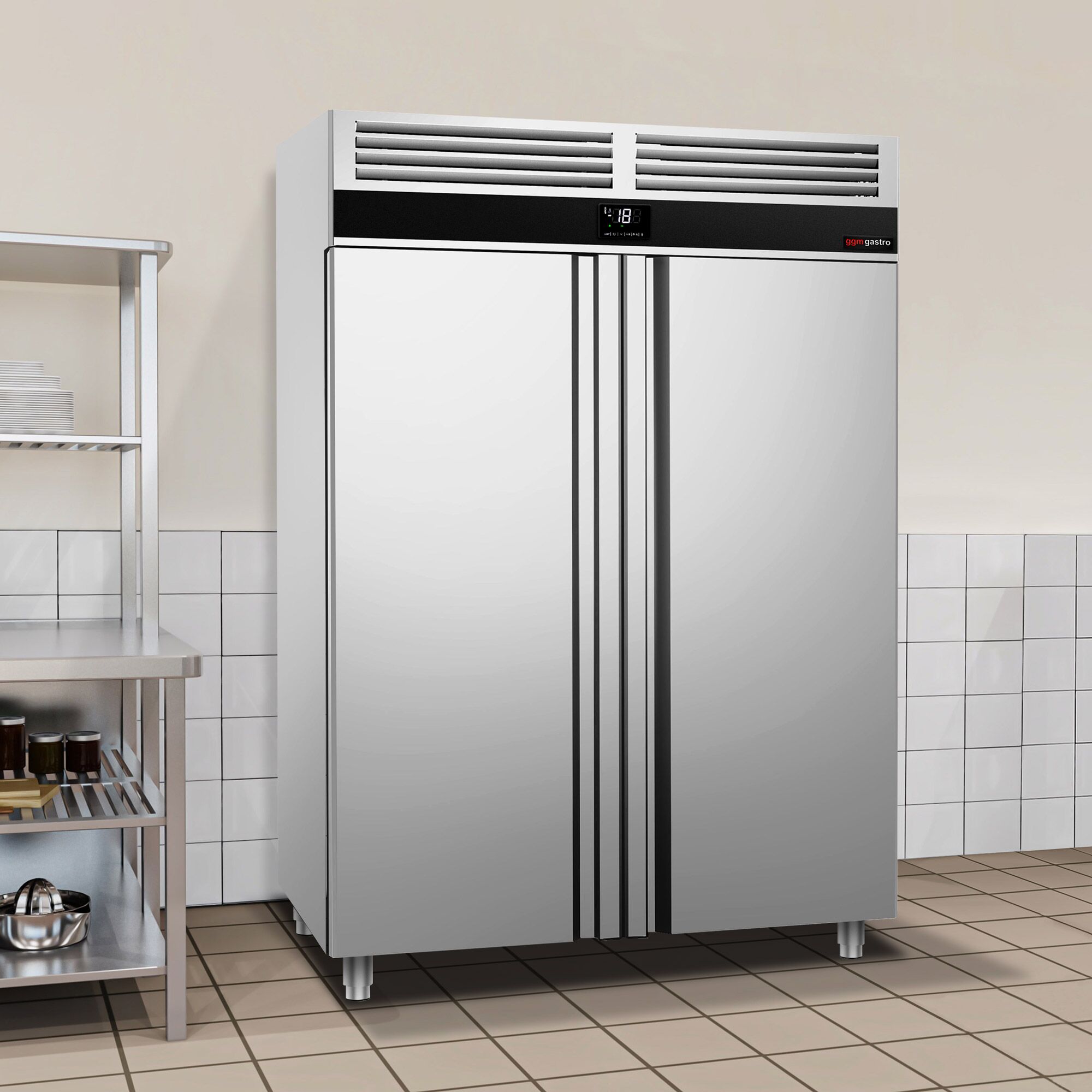 Armoire réfrigérée négative en acier inoxydable PREMIUM - GN 2/1 - 1400 L - avec 2 portes vitrées & Glissières GN & 6 grilles GN 2/1