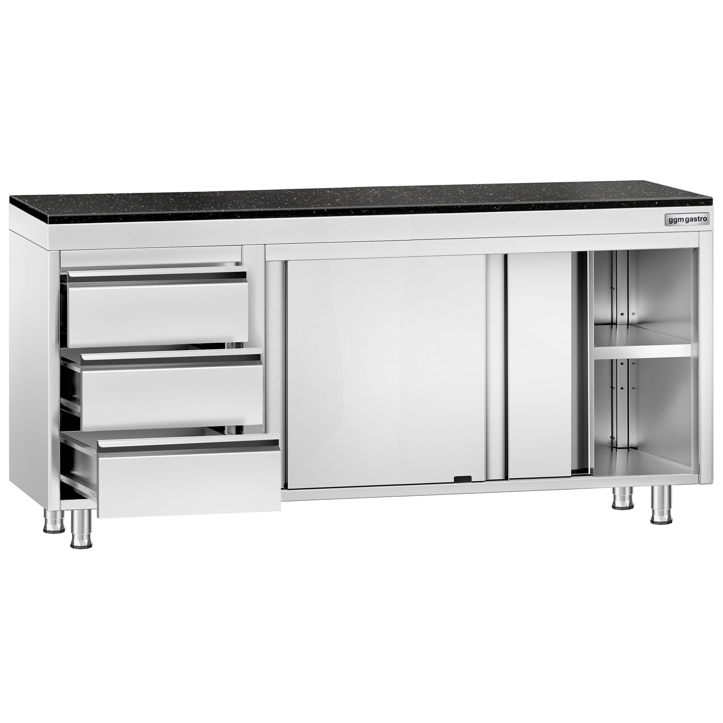 Roestvrijstalen werkkast PREMIUM - 1800 x 700 mm - met 3 lades links - incl. granieten werkblad