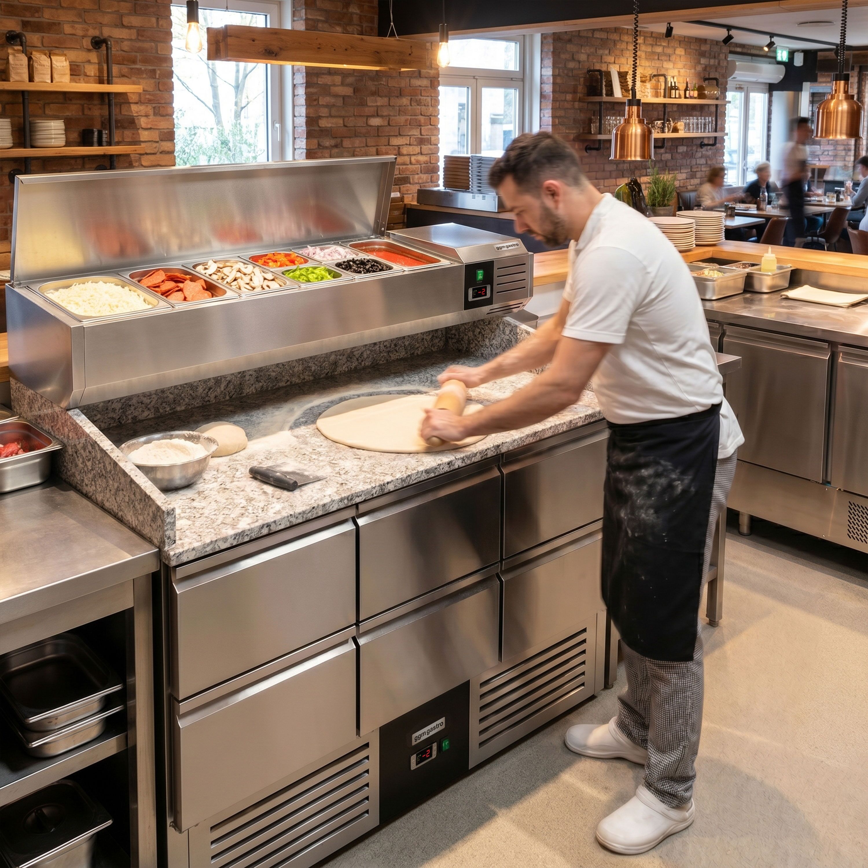 Table réfrigérée à pizza PREMIUM - 1400 x 700 mm - avec 6 tiroirs 1/2 - incl. vitrine réfrigérée 6 x GN 1/4
