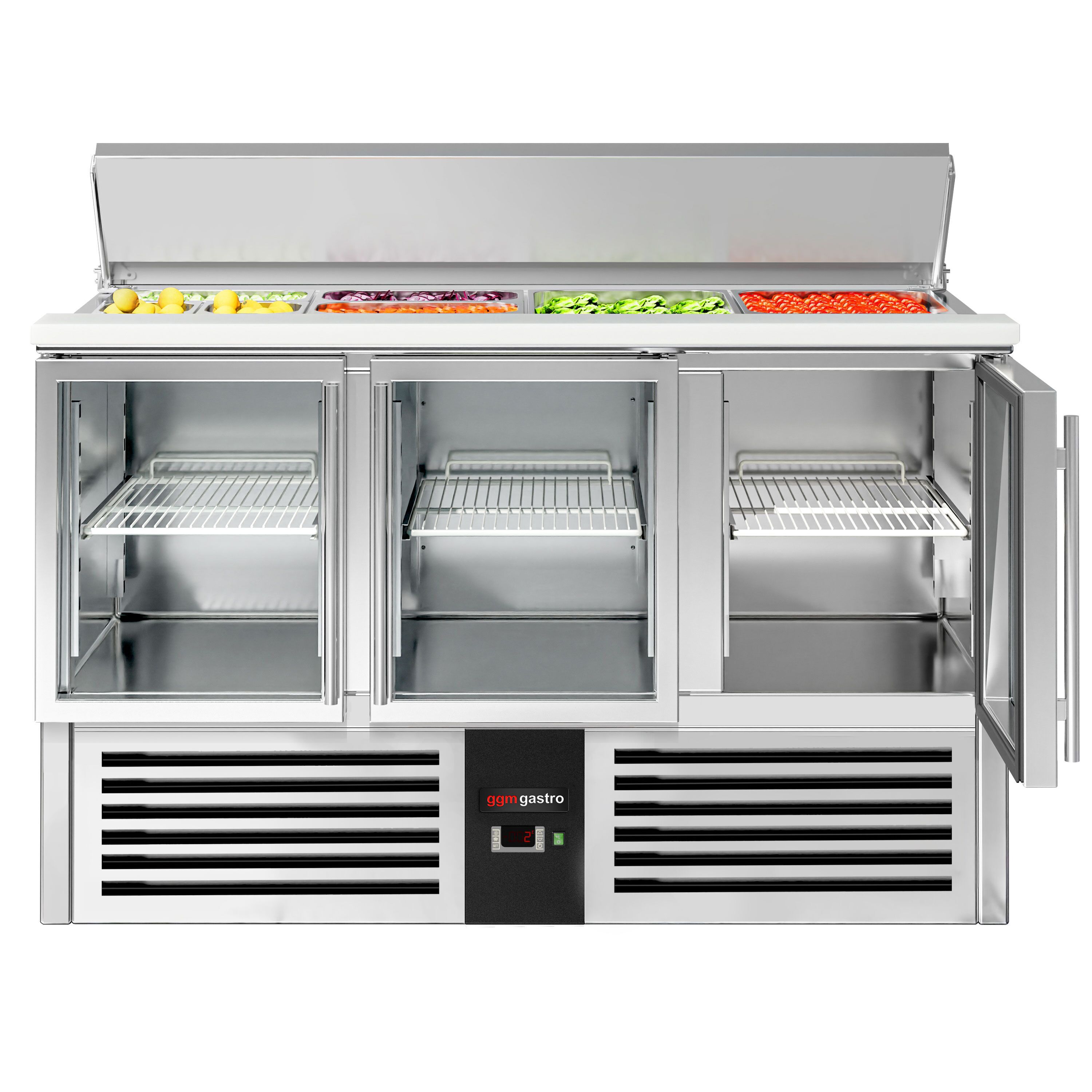 Saladette réfrigérée PREMIUM - 1368mm - 368L - 3 portes vitrées - avec découpe pour 4x GN 1/1 & Couvercle inox
