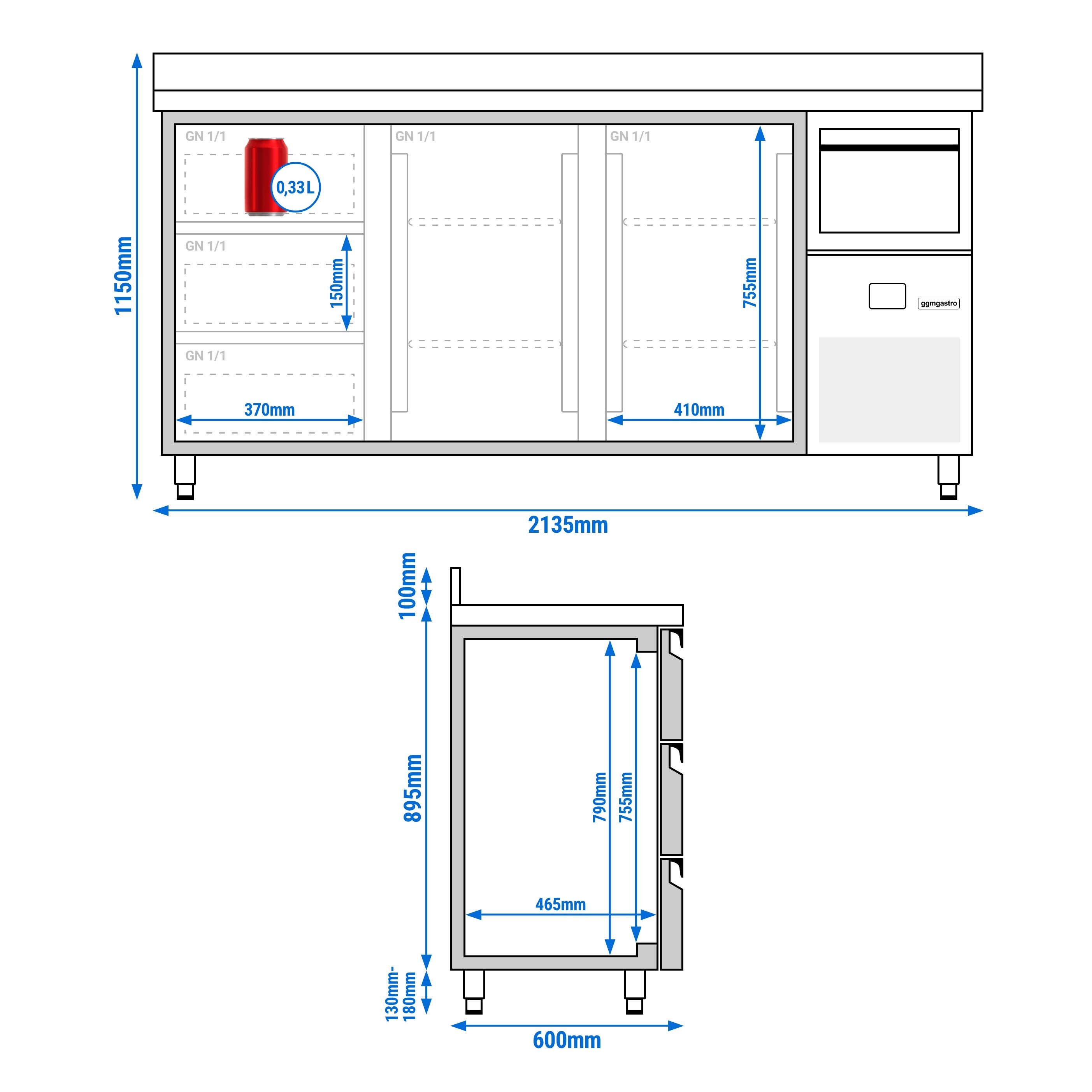 Arrière-bar réfrigéré professionnel PREMIUM - 2130 x 600 mm - avec 2 portes et 3 tiroirs - avec dosseret - avec tiroir à marc de café