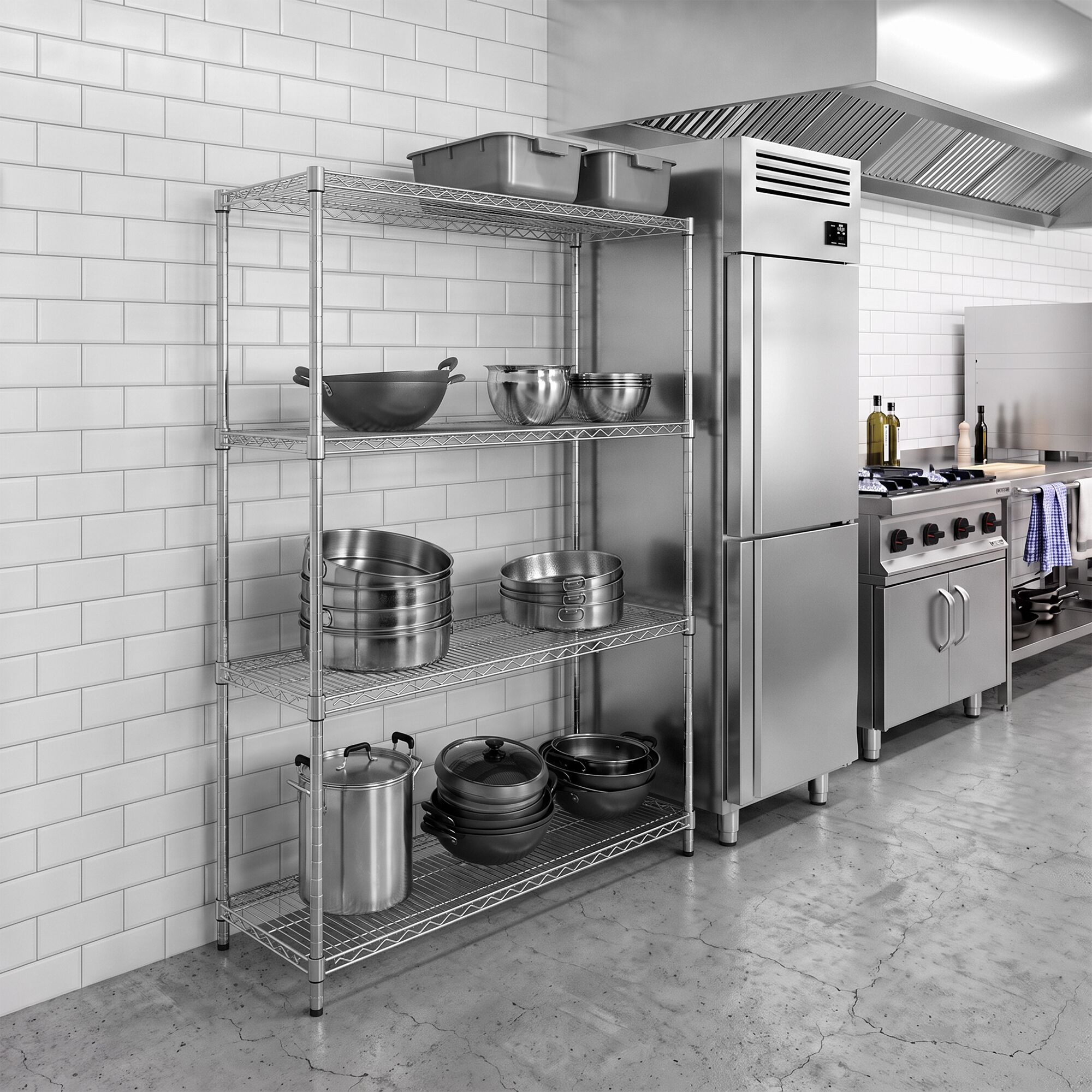 Stalen rek - 1500 x 450 mm - 4 legplanken - chroom