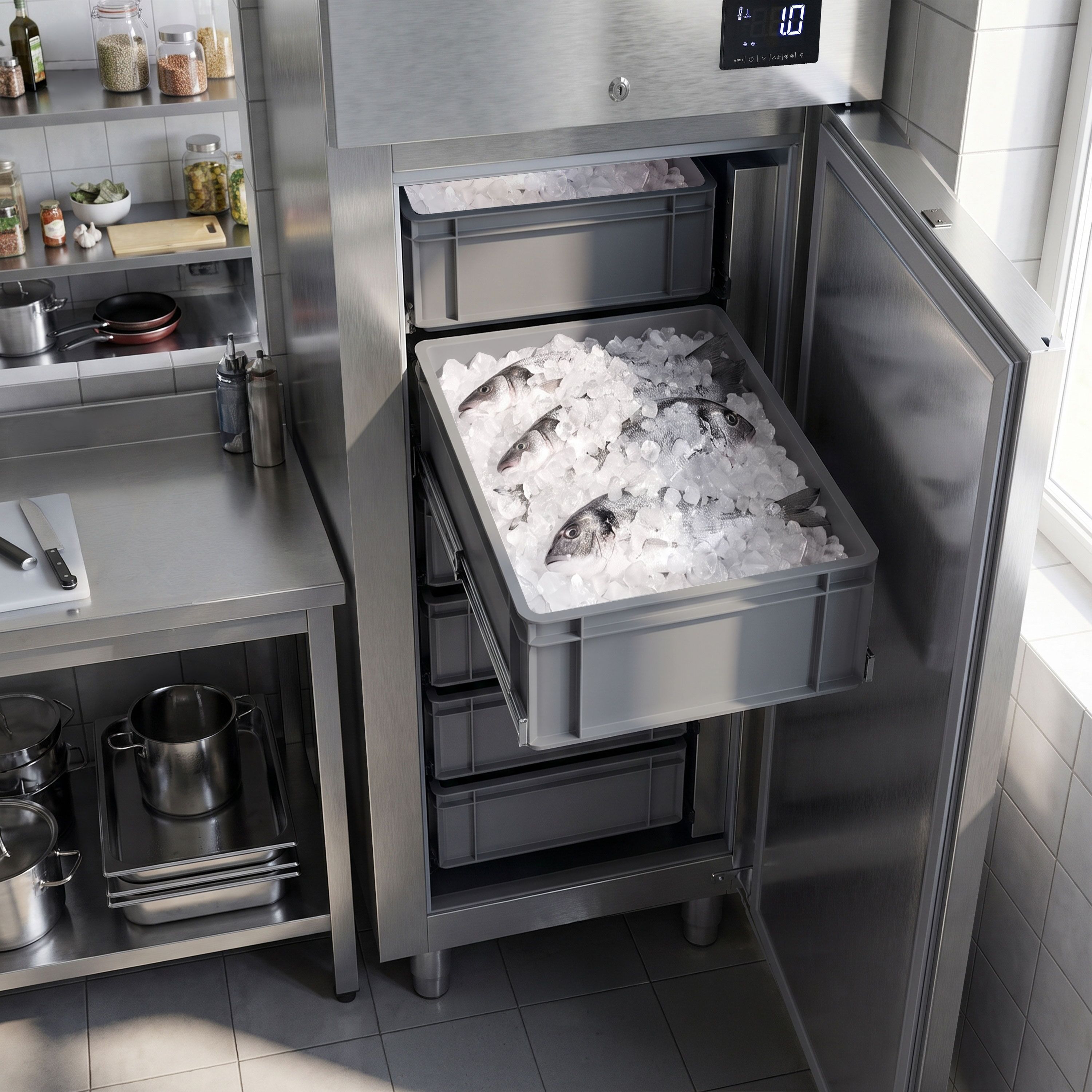 Fiskkylskåp i rostfritt stål - EN 600x400 - 687 mm - 560 l - till -2 °C till +2 °C - med 1 dörr - R290, HACCP-data, automatisk avfrostning, ventilerad kyla
