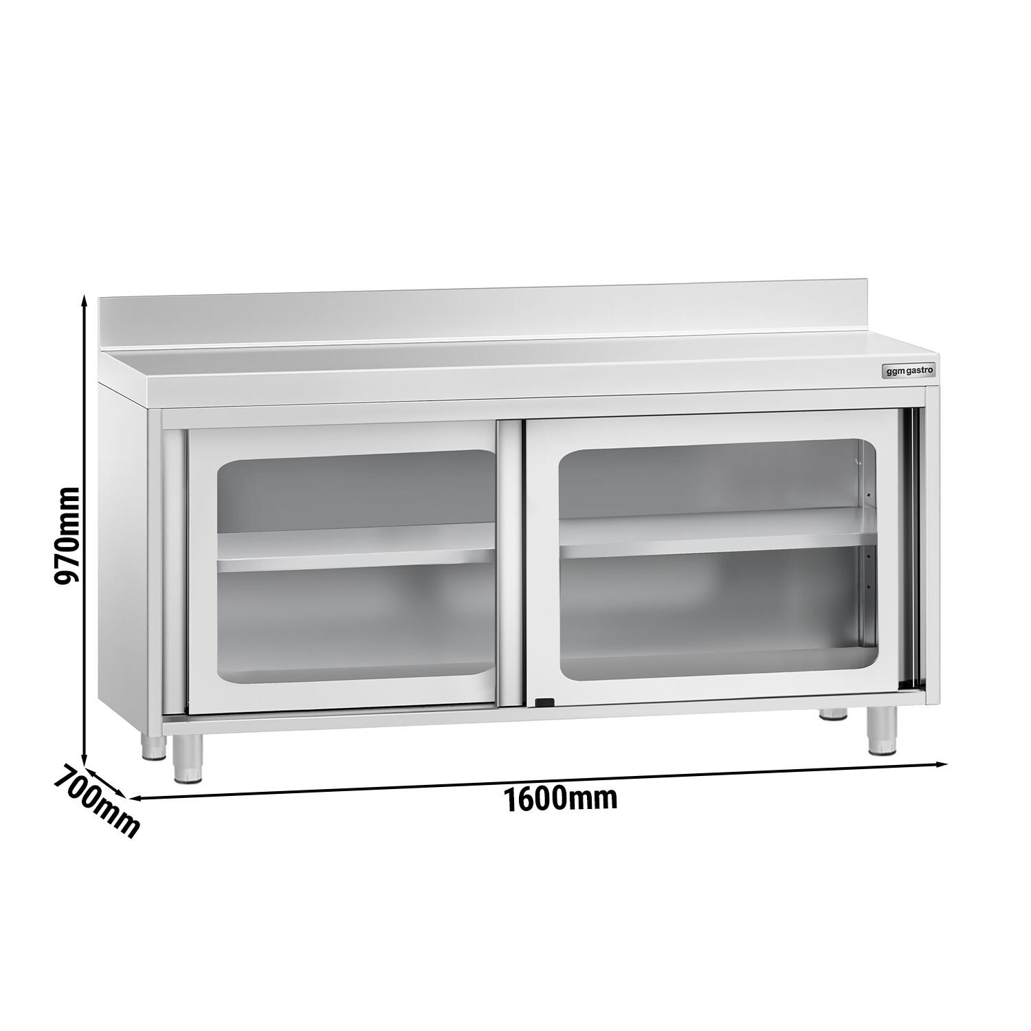Table armoire en acier inoxydable PREMIUM - 1600x700mm - avec portes coulissantes vitrées - avec dosseret