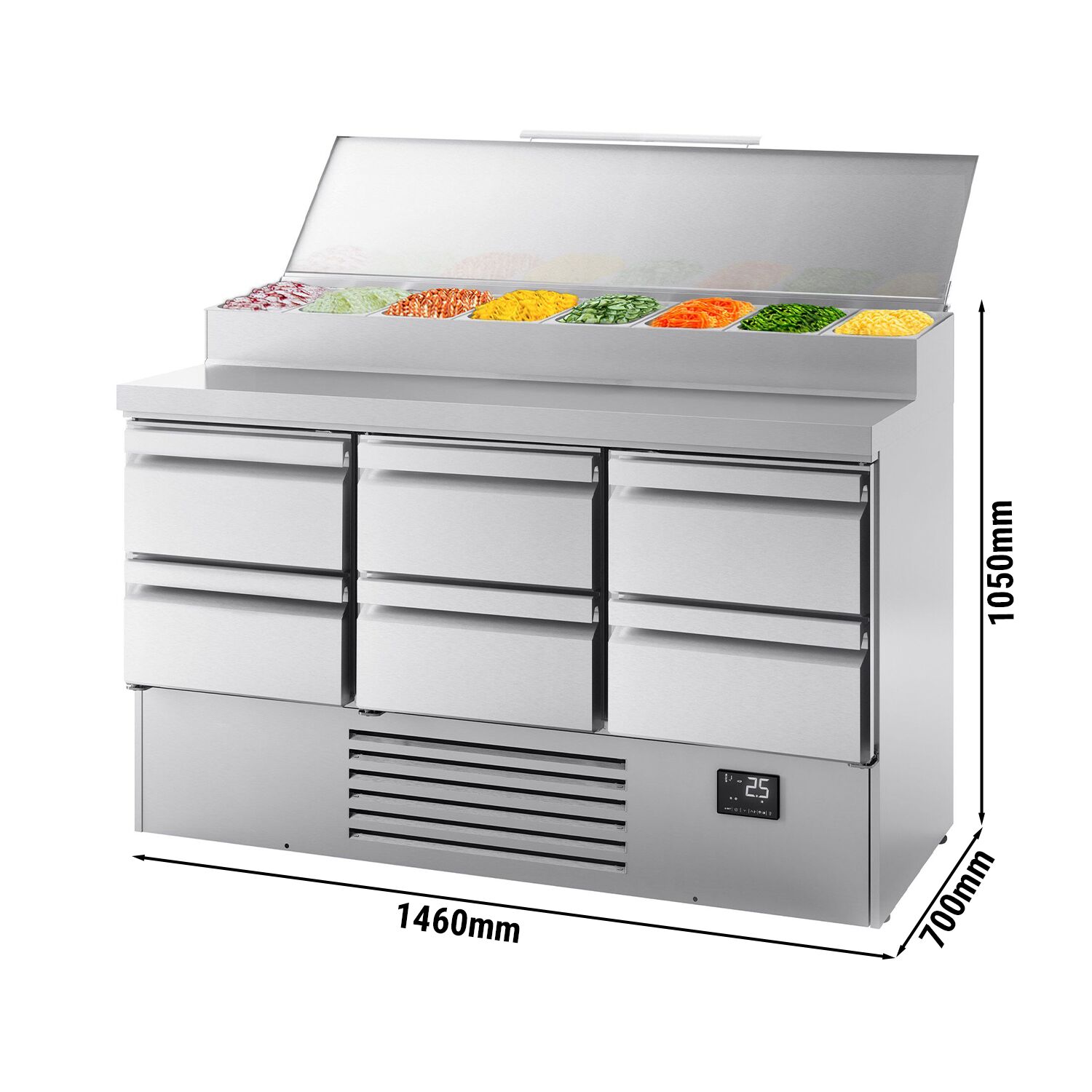 Table réfrigérée de préparation Mini - 1460 x 700 mm - avec 6 tiroirs - avec superstructure en inox 8 x GN 1/4