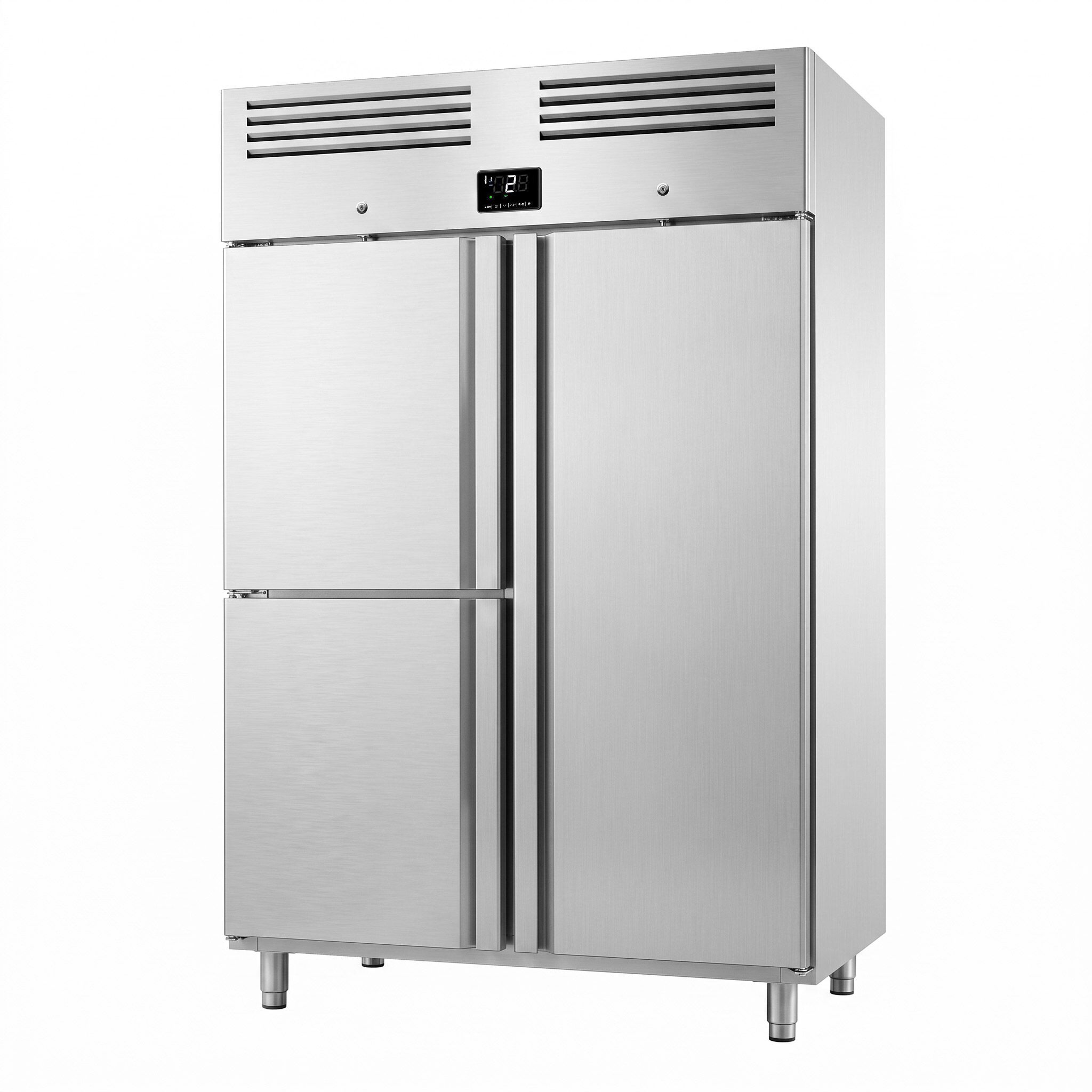 Koelkast RVS PREMIUM PLUS - GN 2/1 - 1385mm - 1240liter - tot +2°C tot +8°C - met 3 deuren - geforceerde koeling, LED‑verlichting, slot, automatische ontdooiing