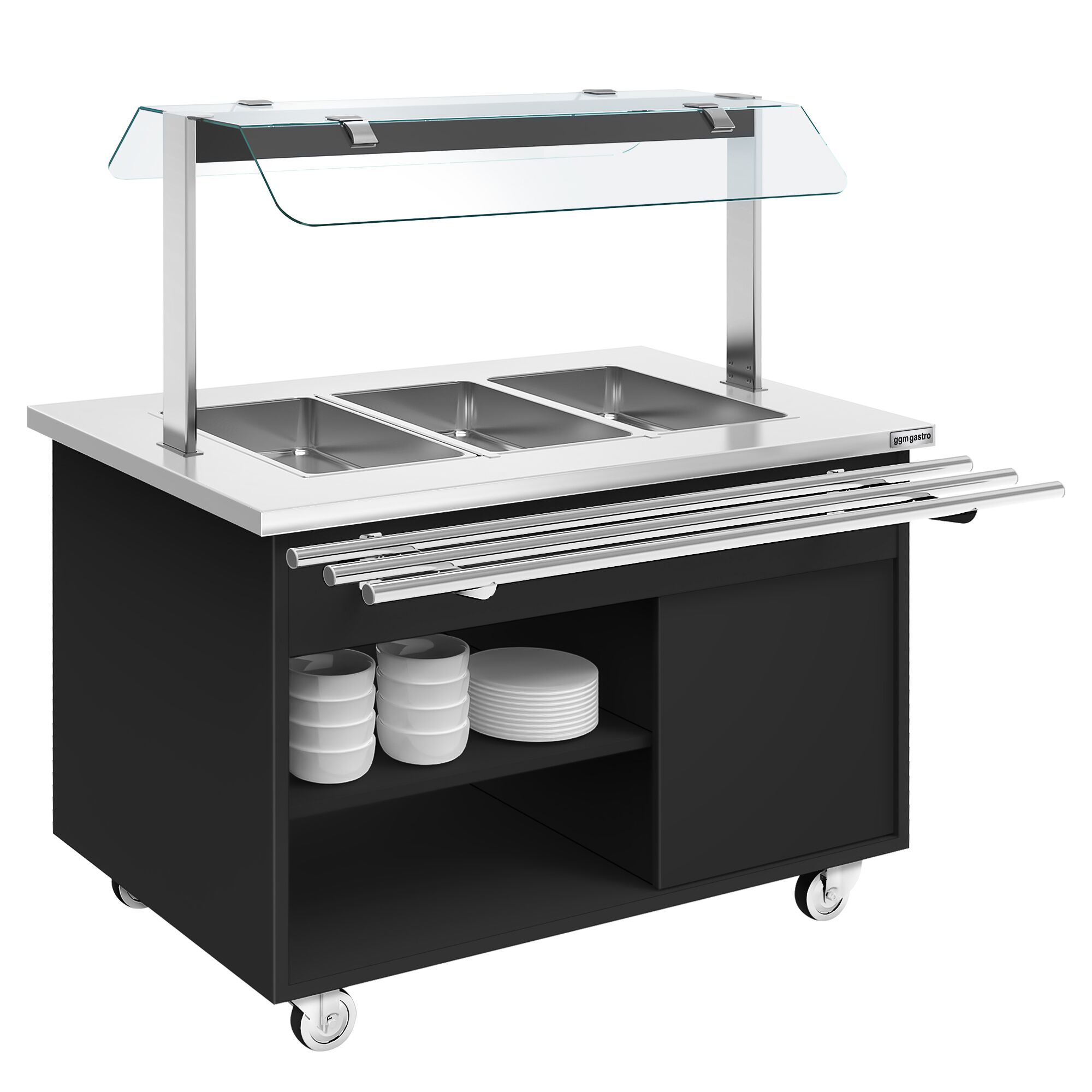 Buffet self-service chaud DANZIG - 1300mm - 3 bacs GN 1/1 - avec Glissière pour plateaux - Noir