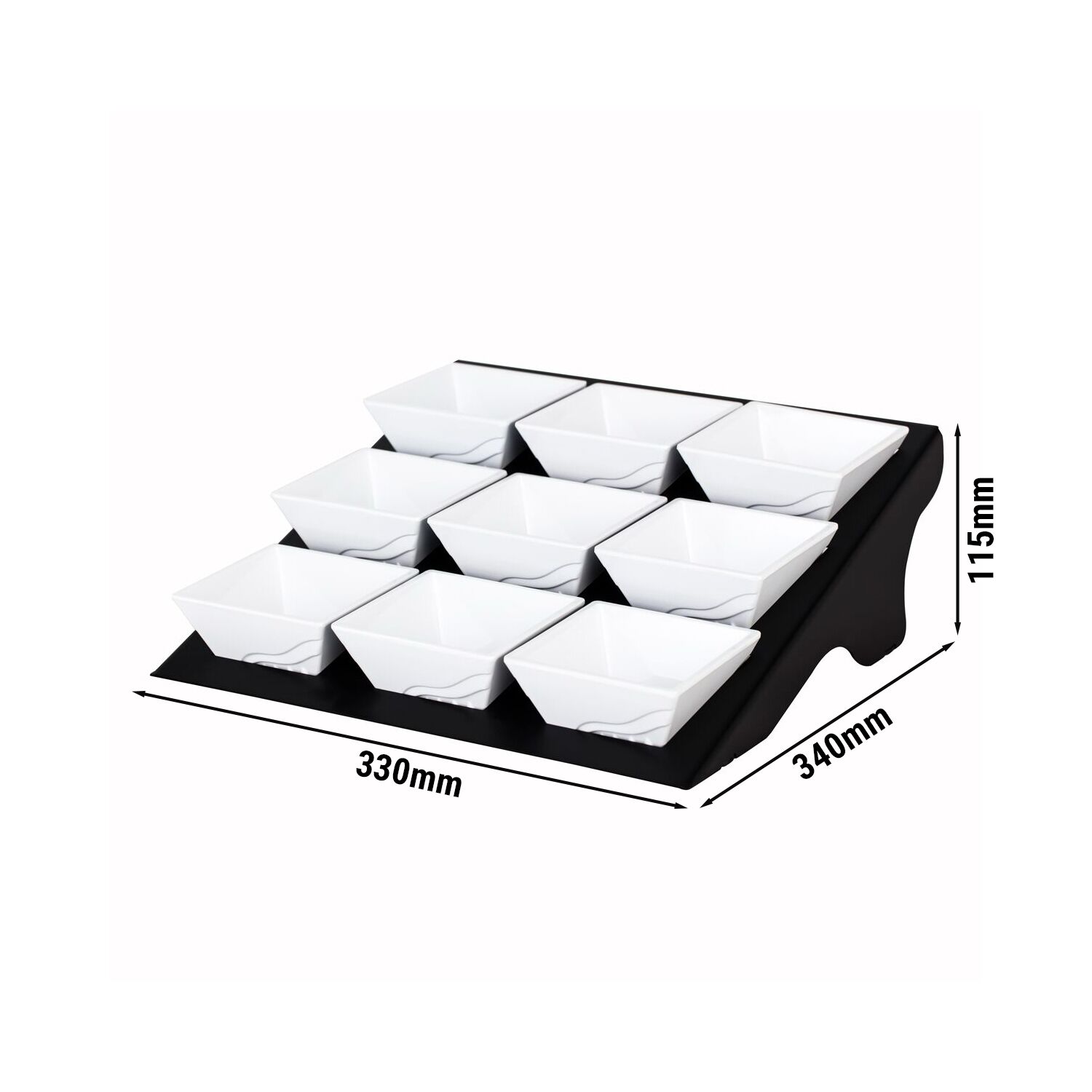 Présentoir buffet / étagère - noir - incl. 9 bols en mélamine - rectangulaires