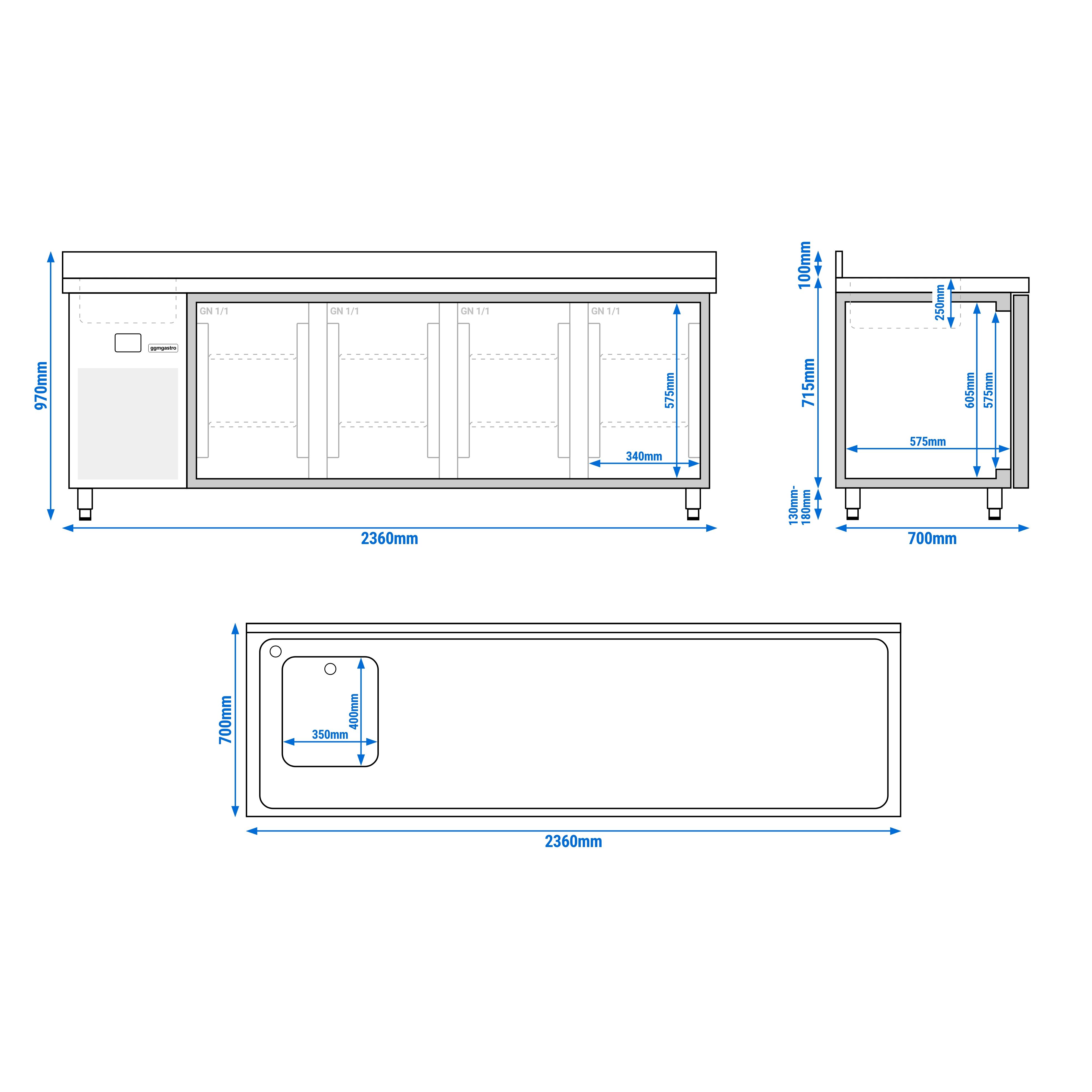 Table réfrigérée PREMIUM - 2360x700 mm - avec 4 portes, 1 bac à gauche - avec dosseret