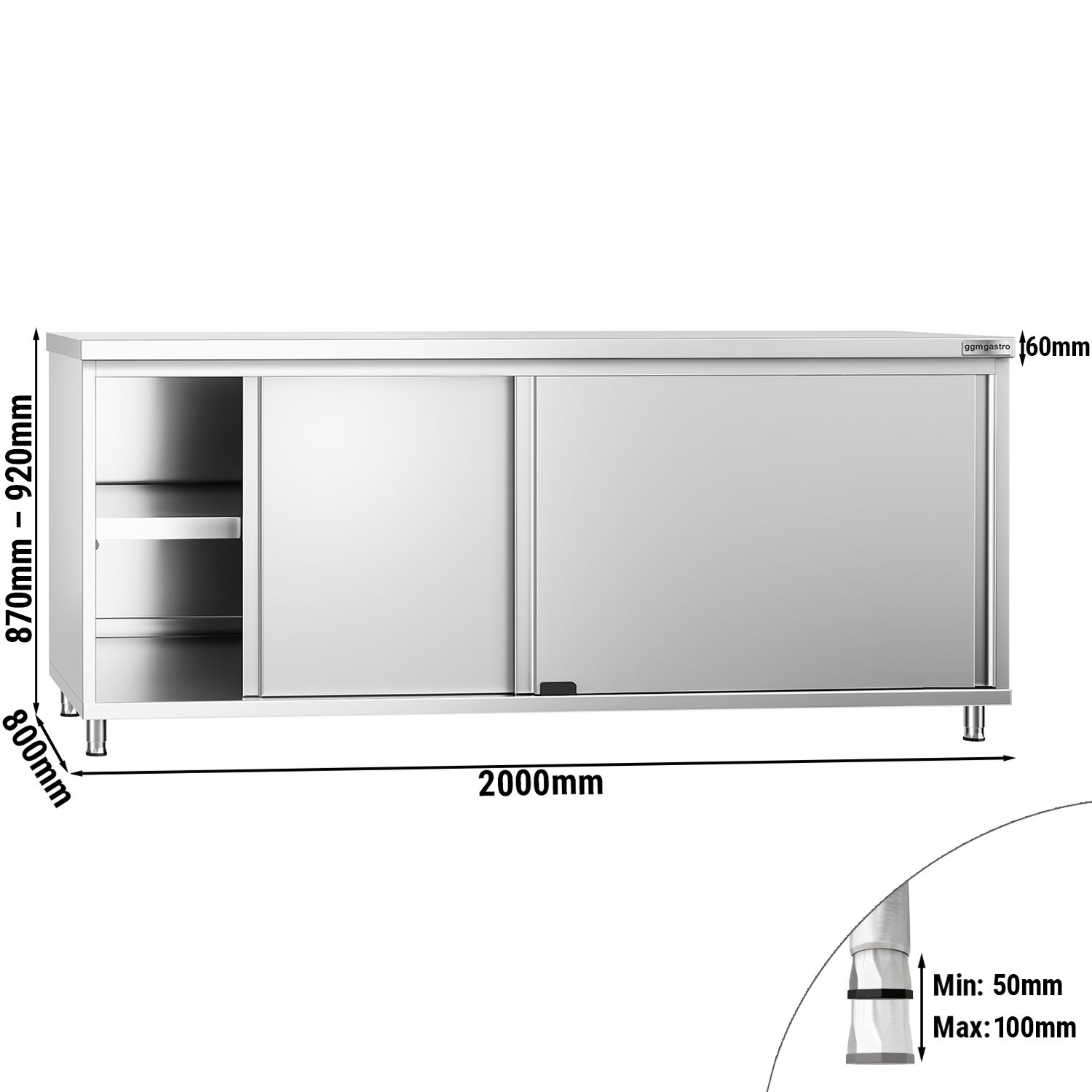 Table armoire en acier inoxydable PREMIUM - 2000x800mm - avec portes coulissantes