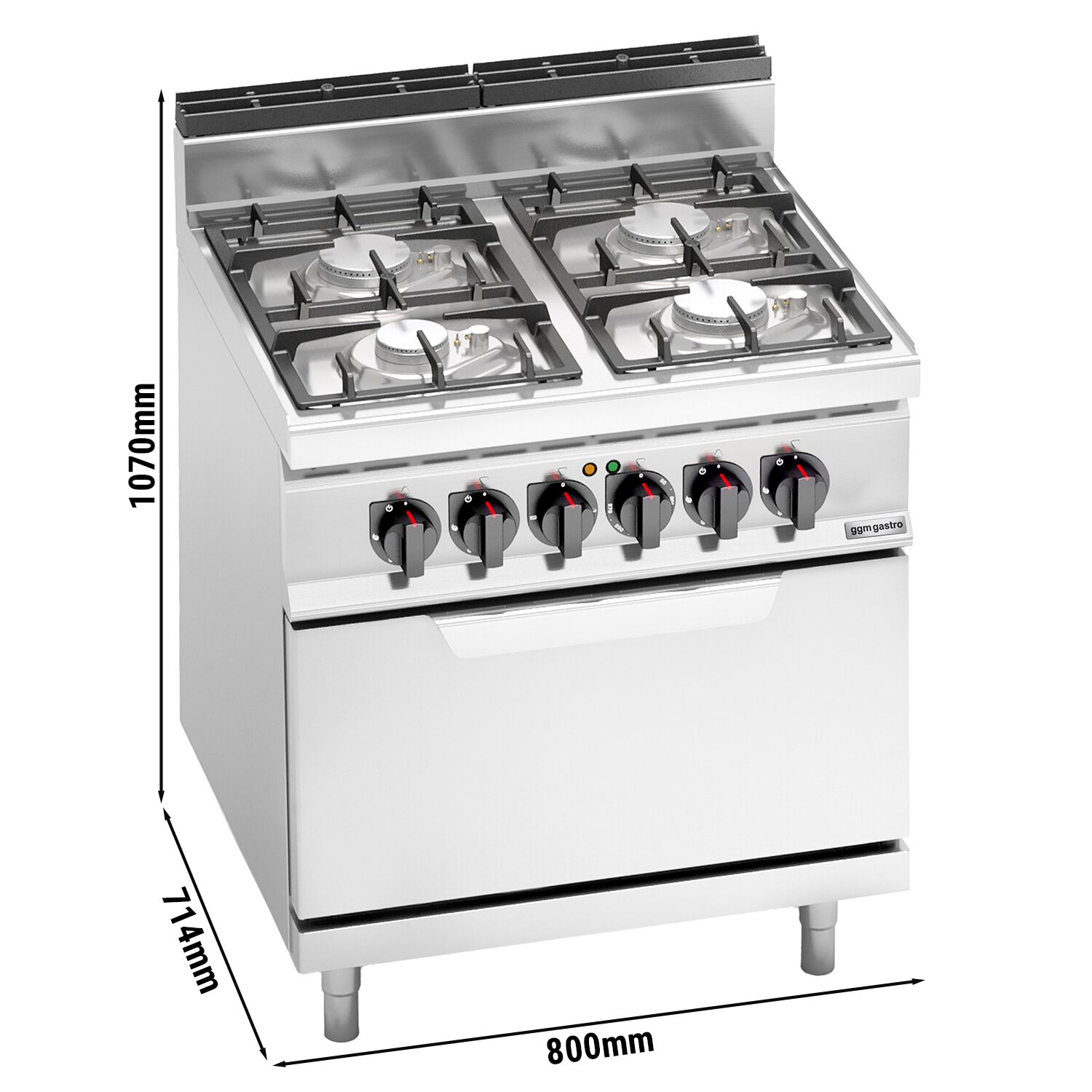 Fourneau à gaz – 21,5 kW – 4 brûleurs – avec four électrique statique – 7,5 kW