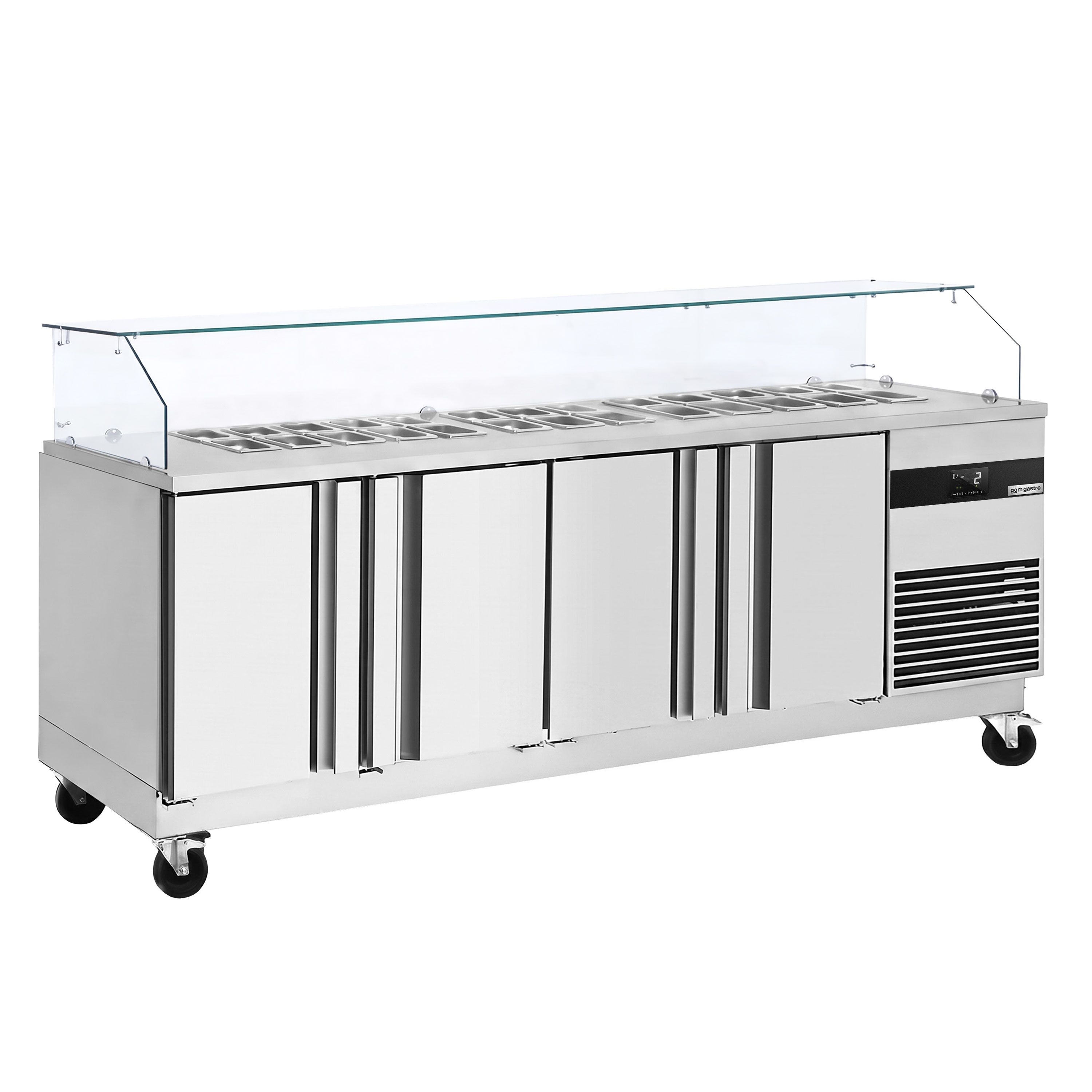 Saladette PREMIUM - 2330mm - 4 Türen - mit eckigem Glasaufsatz für 10x GN 1/6