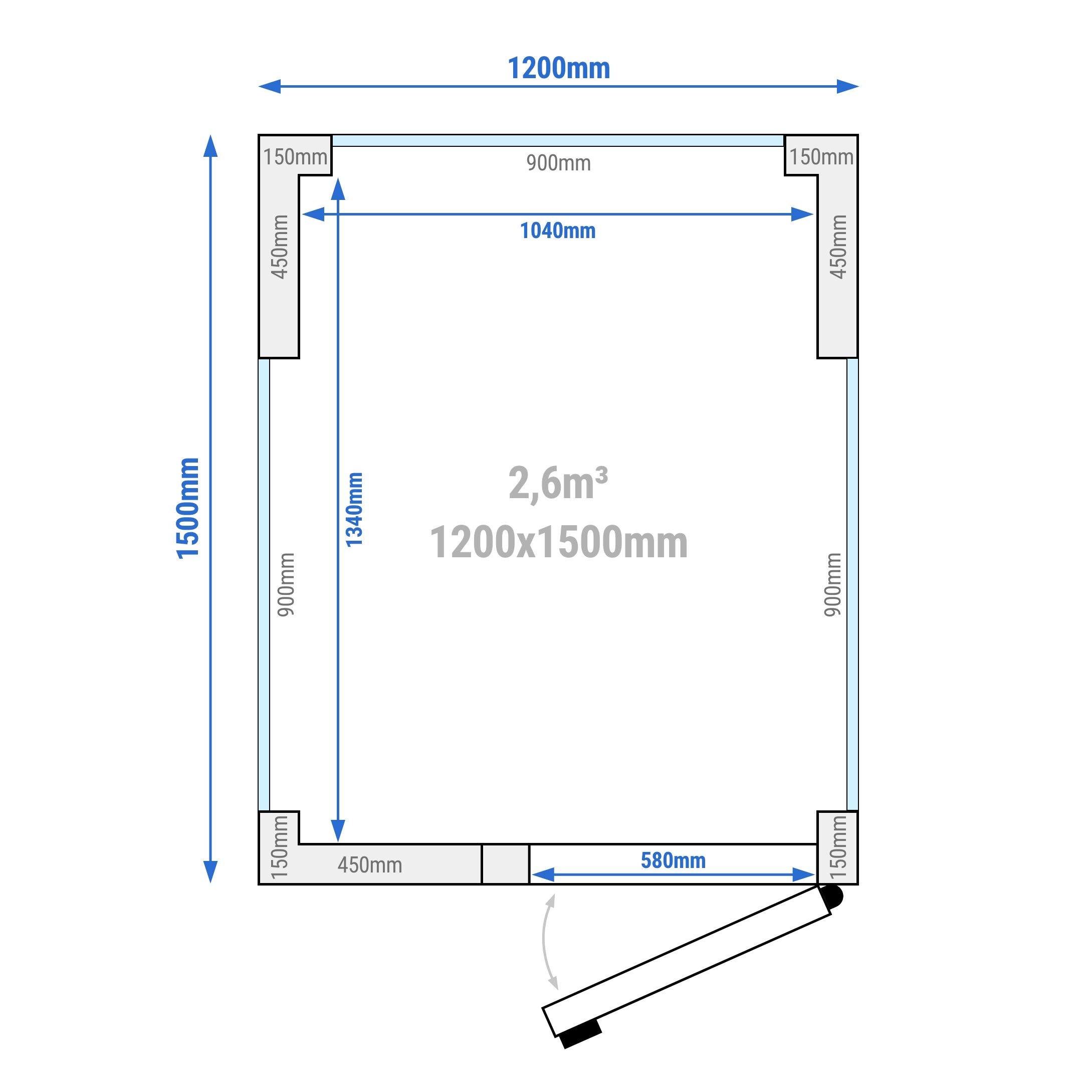 Chambre froide - 1200 x 1500 mm - 2,6 m³ - avec 3 côtés en verre