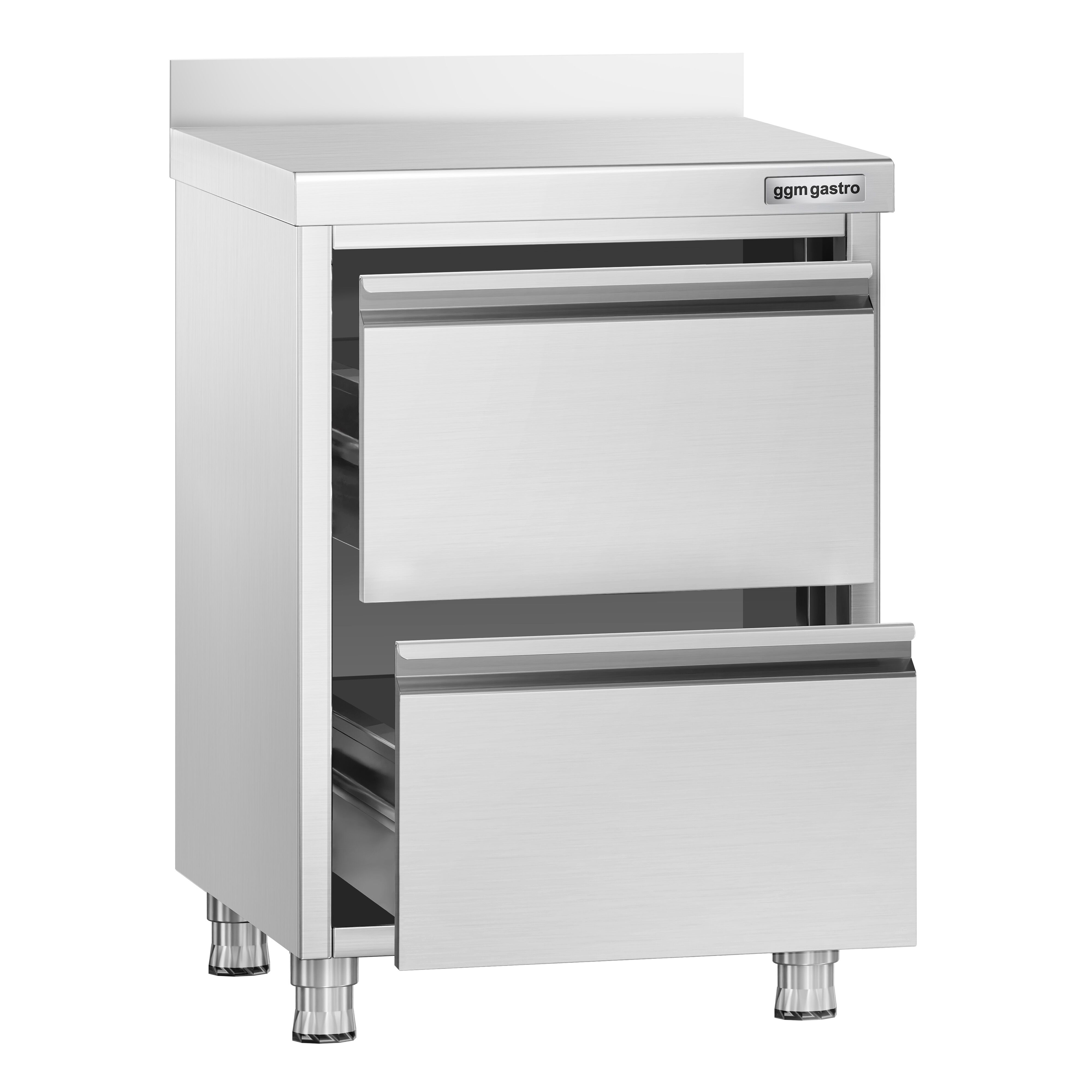 Meuble bas à tiroirs PREMIUM - Acier inoxydable - Professionnel - avec 2 tiroirs & dosseret 100mm - 500x600mm