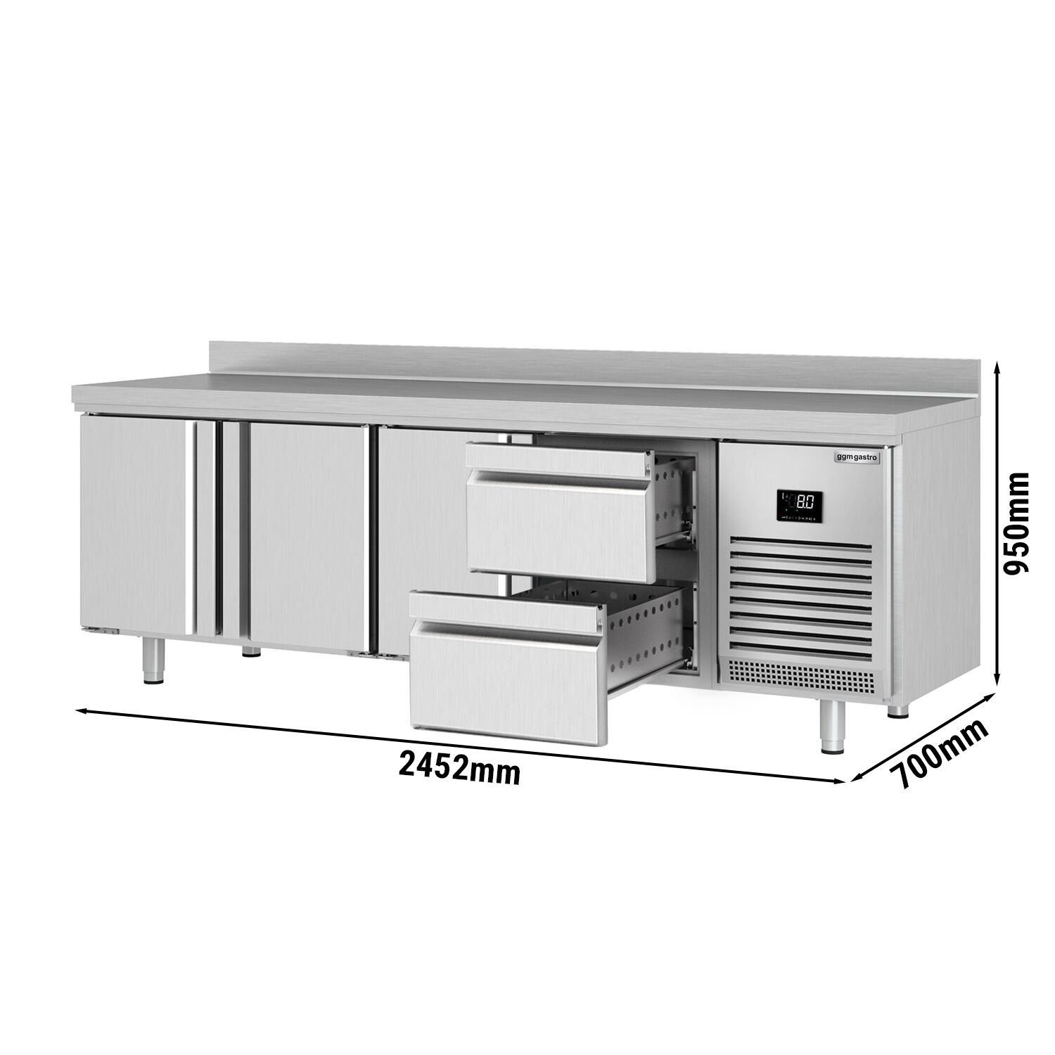 Table réfrigérée Premium PLUS - 2452 x 700 mm - avec 3 portes - 2 tiroirs - avec dosseret