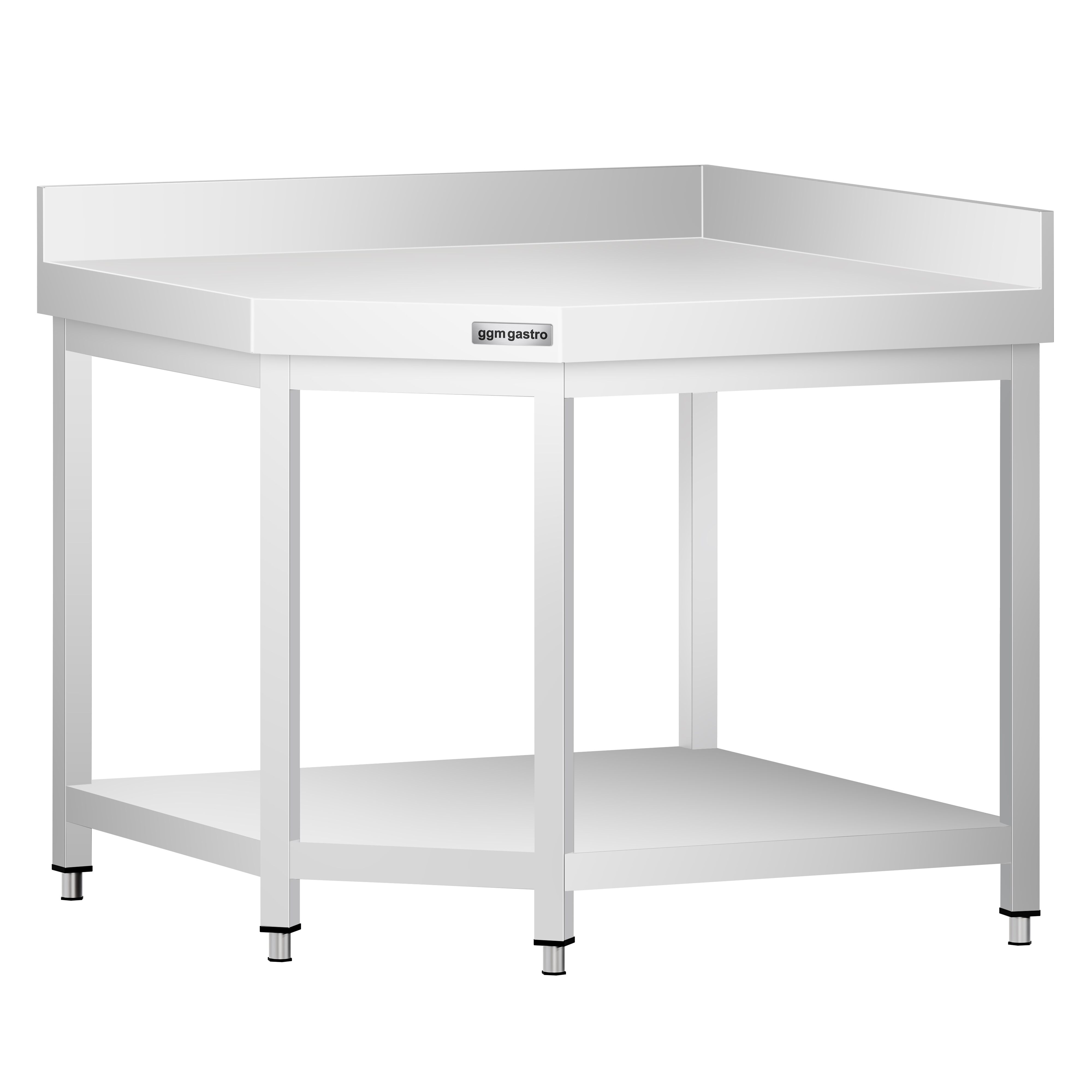 Table de travail en inox d’angle PREMIUM - 1000x700mm - avec étagère basse + dosseret arrière