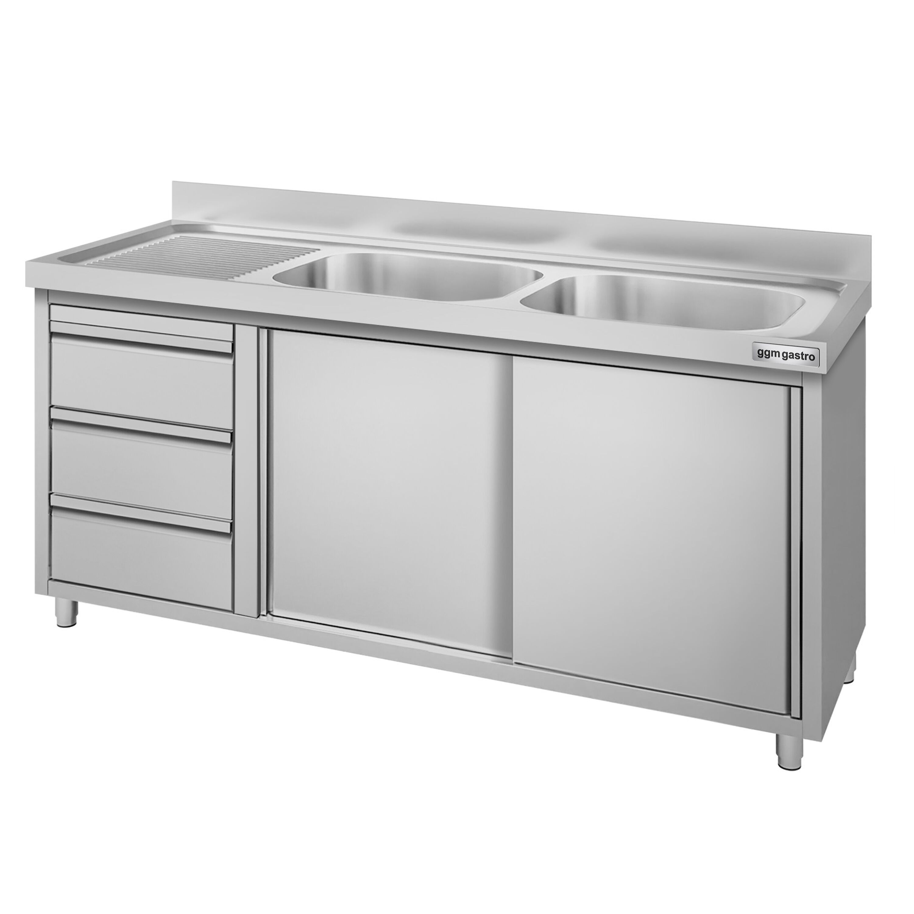 Meuble évier ECO - 1600 x 600 mm - avec 3 tiroirs & 2 bacs à droite