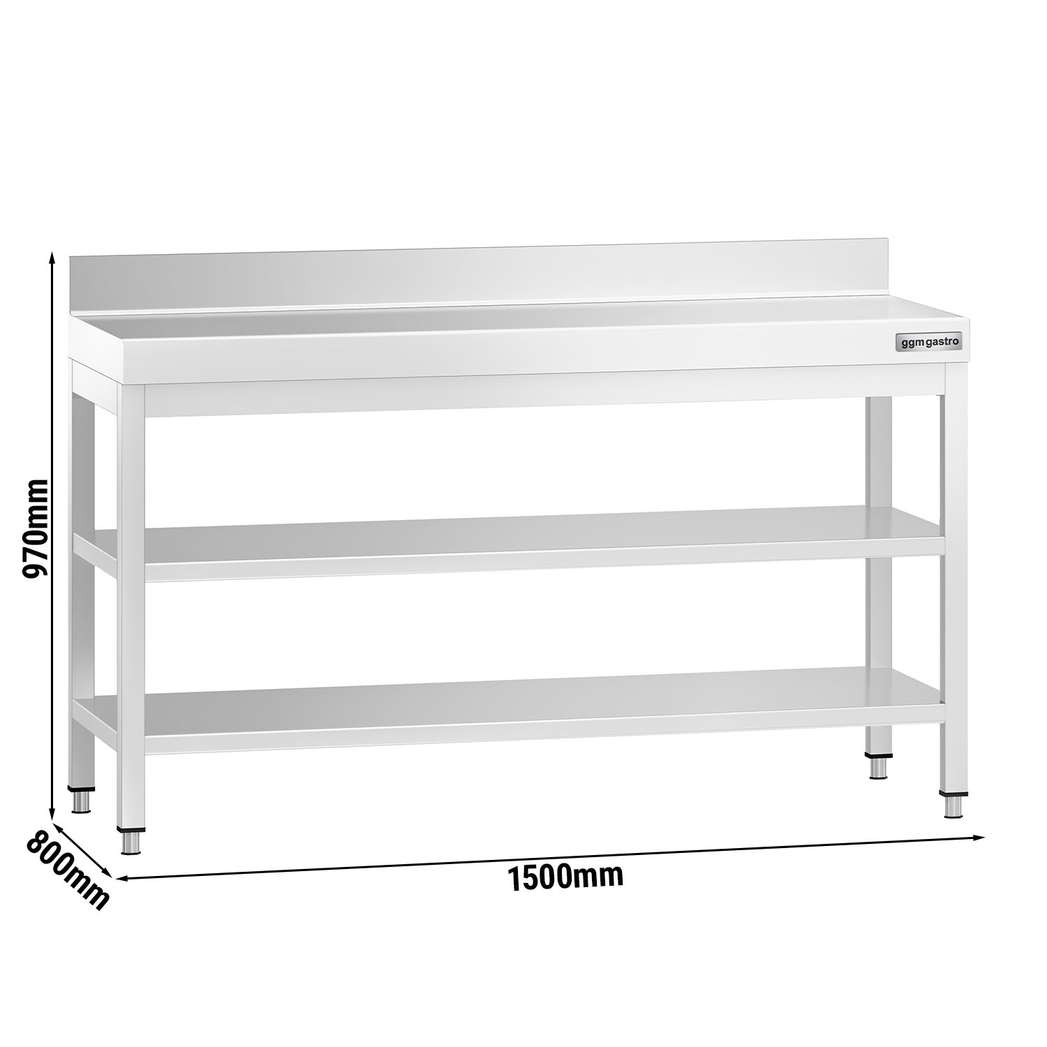 Table de travail inox PREMIUM - 1500 x 800 mm - avec tablette inférieure, Dosseret & Tablette intermédiaire