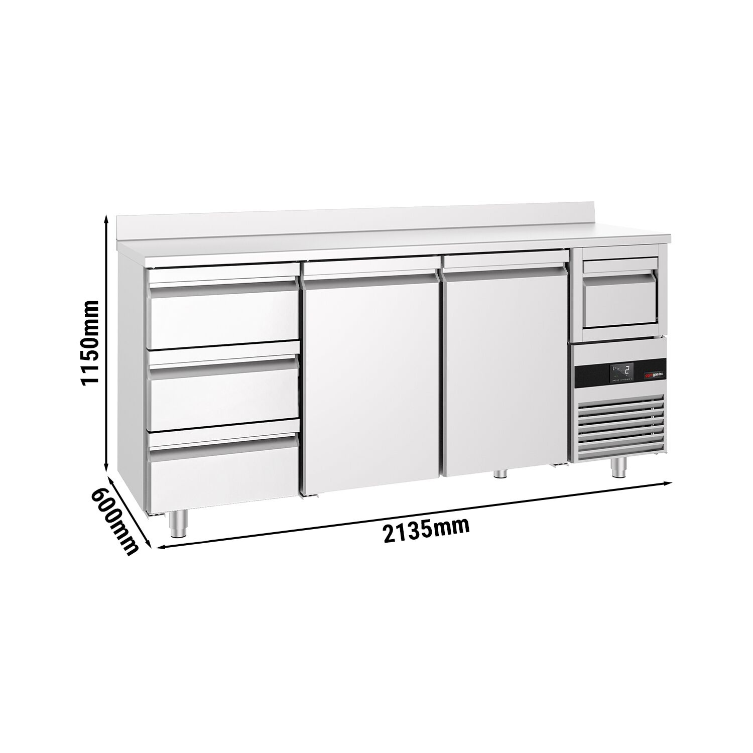 Arrière-bar réfrigéré professionnel PREMIUM - 2130 x 600 mm - avec 2 portes et 3 tiroirs - avec dosseret - avec tiroir à marc de café