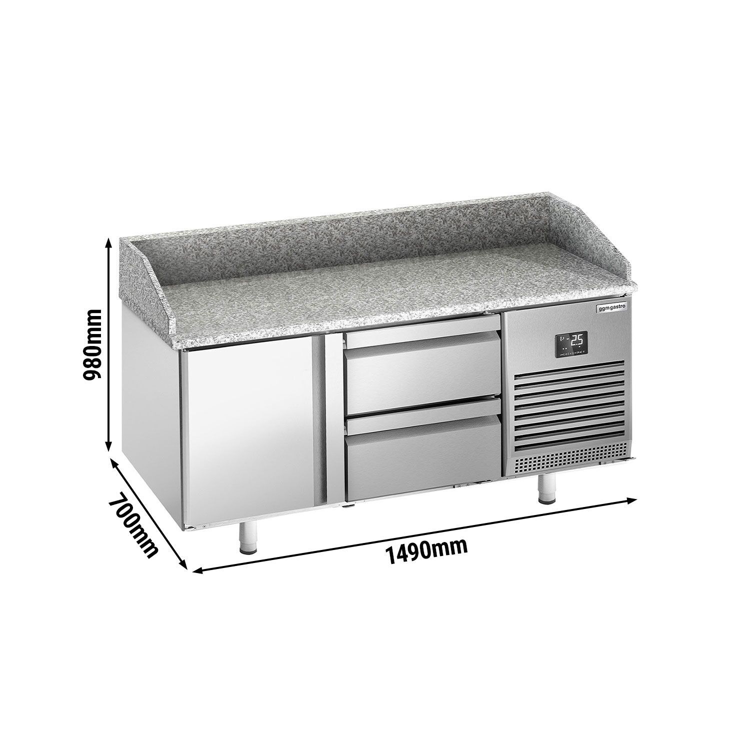 Table réfrigérée à pizza Premium PLUS - 1490 x 700 mm - avec 1 porte et 2 tiroirs