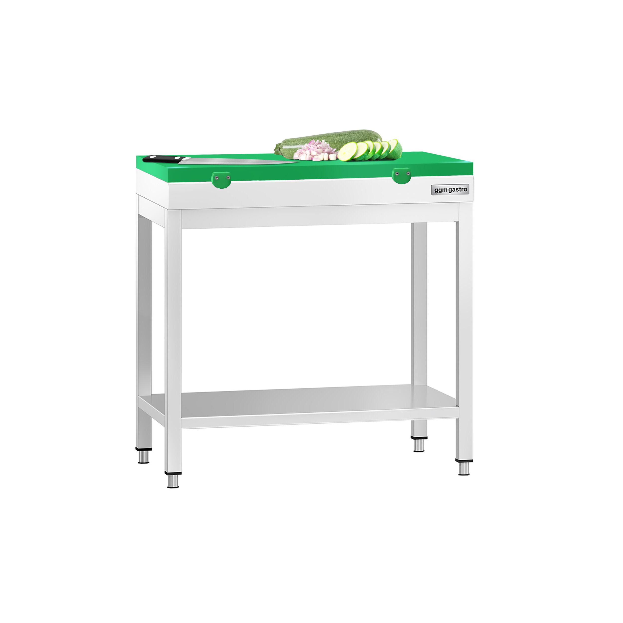 Stół roboczy centralny ze stali nierdzewnej PREMIUM - 700x700mm - z półką - z deską do krojenia Zielony