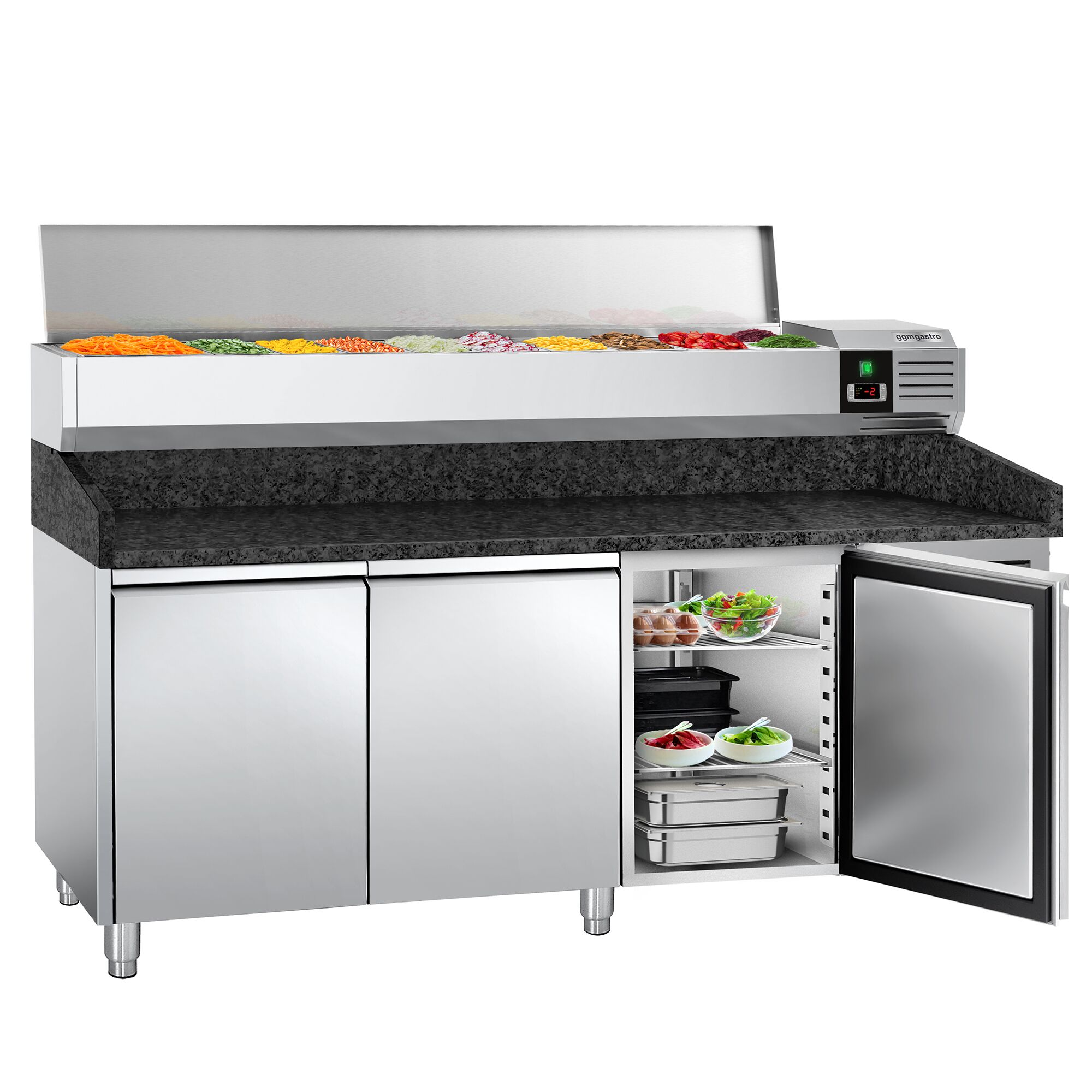 Table réfrigérée à pizza PREMIUM - 2000x800 mm - avec 3 portes - incl. vitrine réfrigérée - 10x GN 1/4
