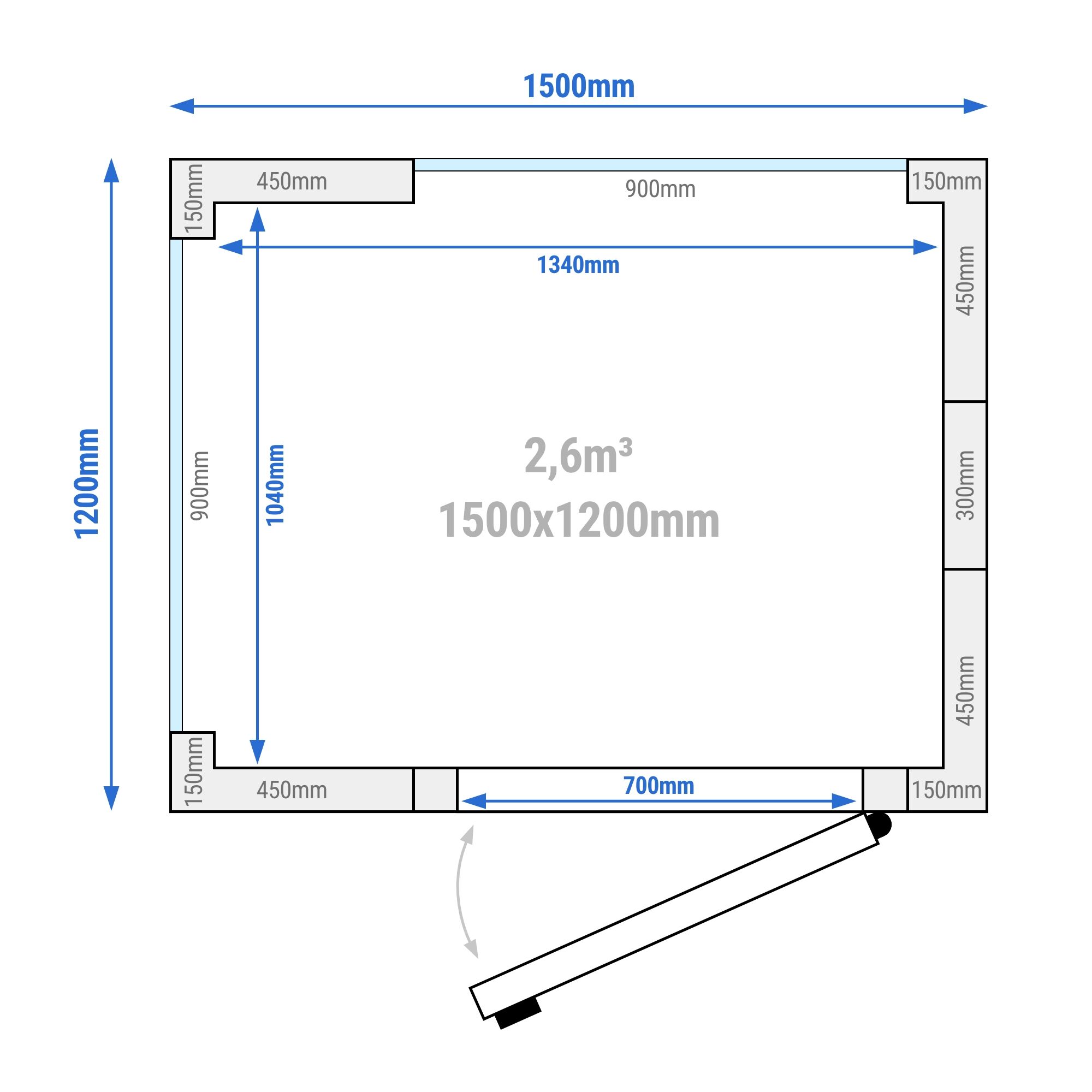 Chambre froide - 1500 x 1200 mm - 2,6 m³ - avec 2 côtés en verre