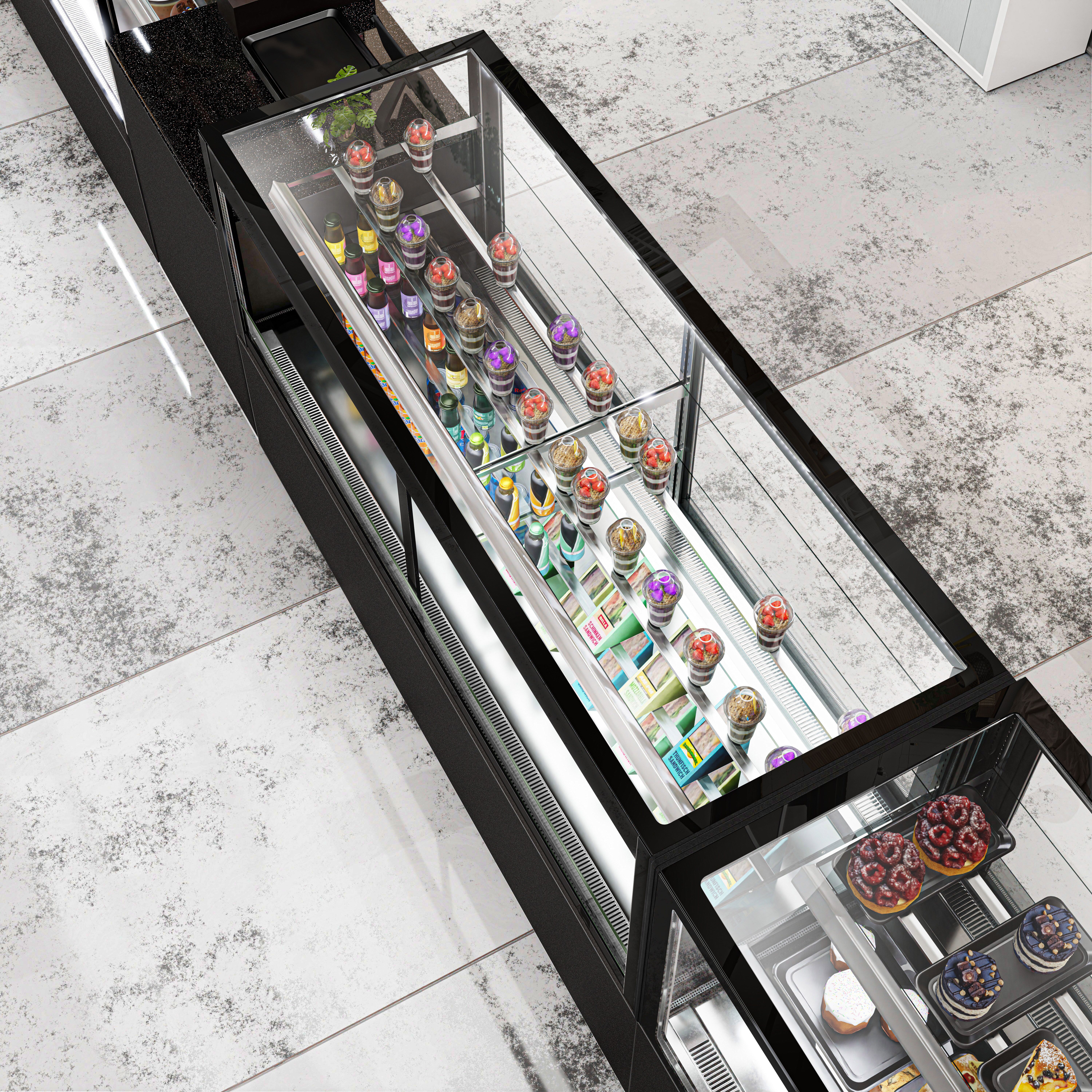 Vitrine à pâtisserie réfrigérée MADRID Self-Service - 530L - 1500mm - Double vitrage - avec 2 étagères en verre - portes coulissantes arrière - avec rideau de nuit - Noir mat