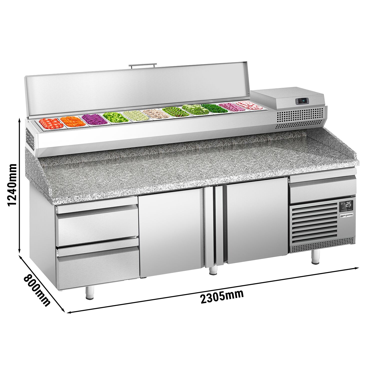 Table réfrigérée à pizza Premium PLUS - 2305x800 mm - avec 2 portes & 3 tiroirs - incl. vitrine réfrigérée pour ingrédients - 11 bacs GN 1/4