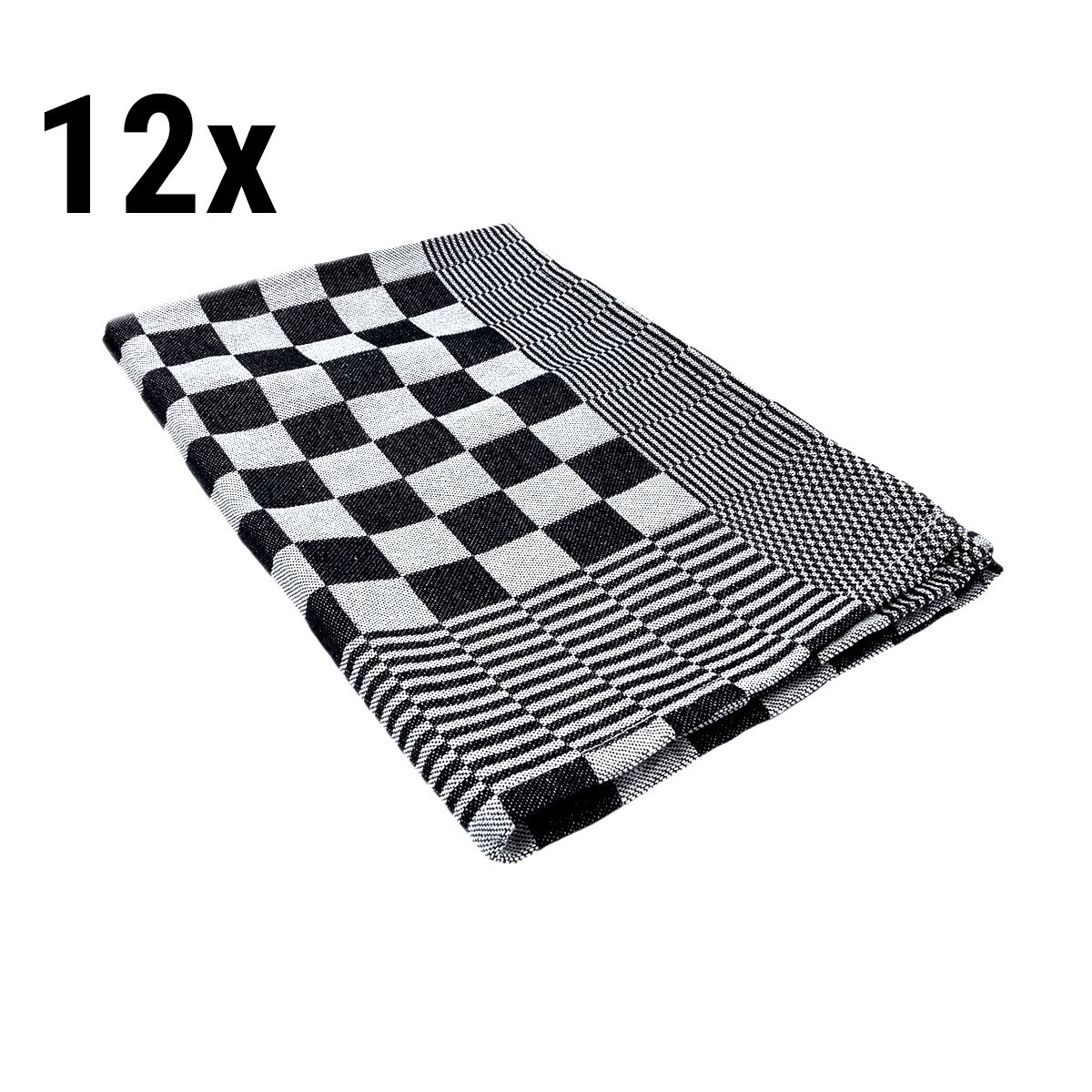 (12 pcs) Torchon à vaisselle en Coton Usage intensif - 65x65cm - Noir / Blanc à carreaux