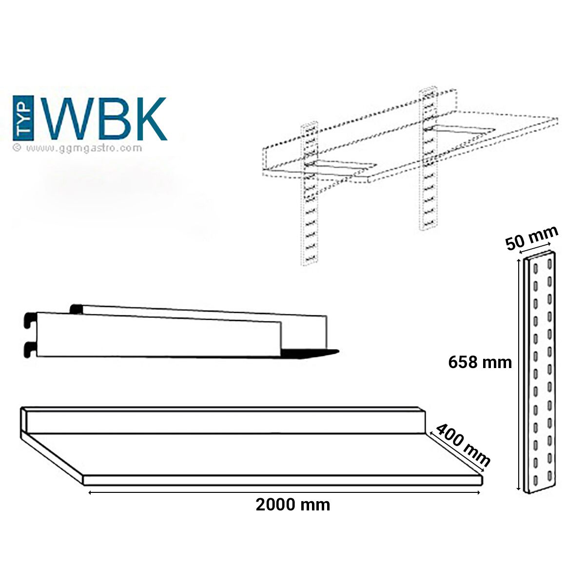 Étagère murale ECO en inox - 2000 × 400 mm - avec 2 étages