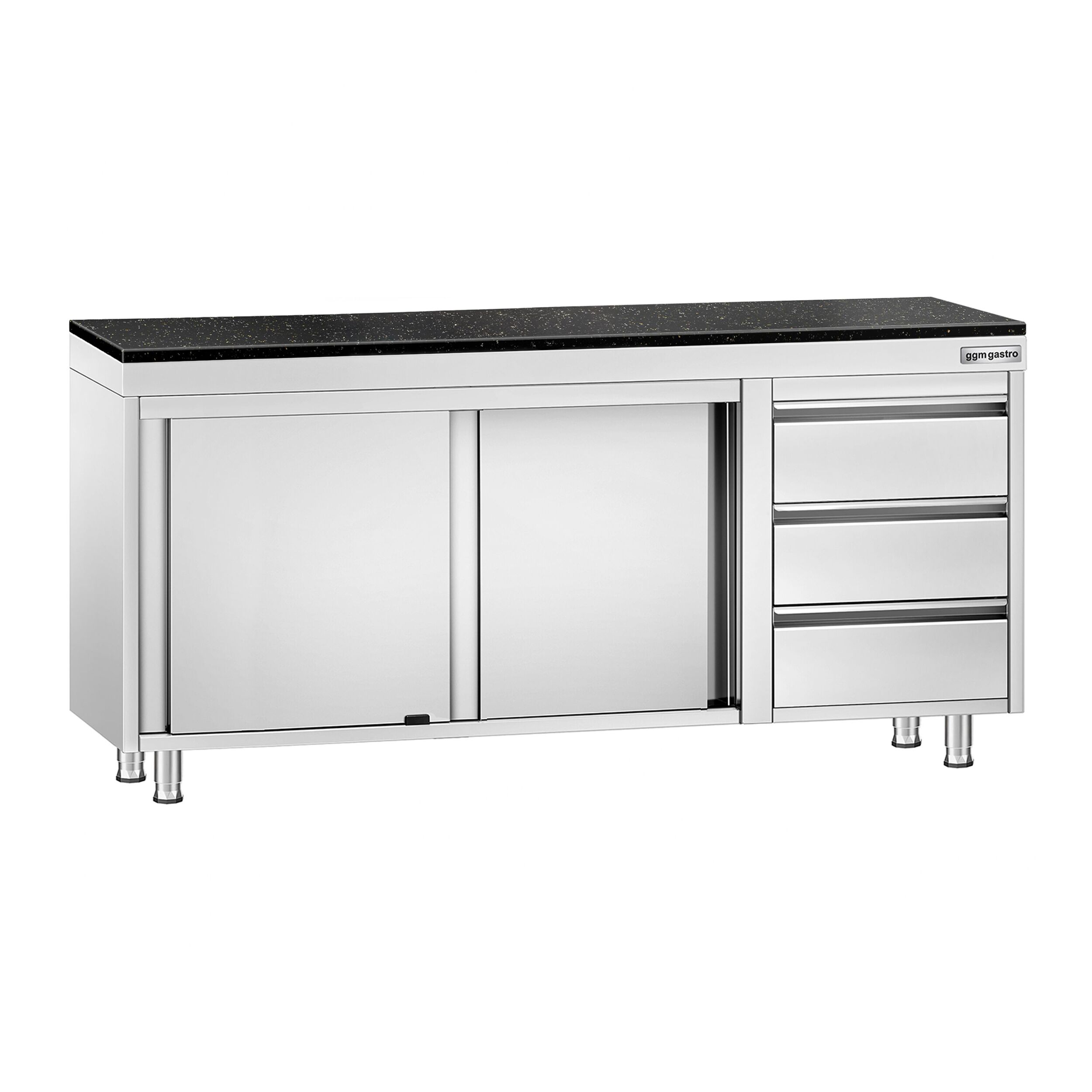 Roestvrijstalen werkkast PREMIUM - 1800 x 700 mm - met 3 lades rechts - incl. granieten werkblad