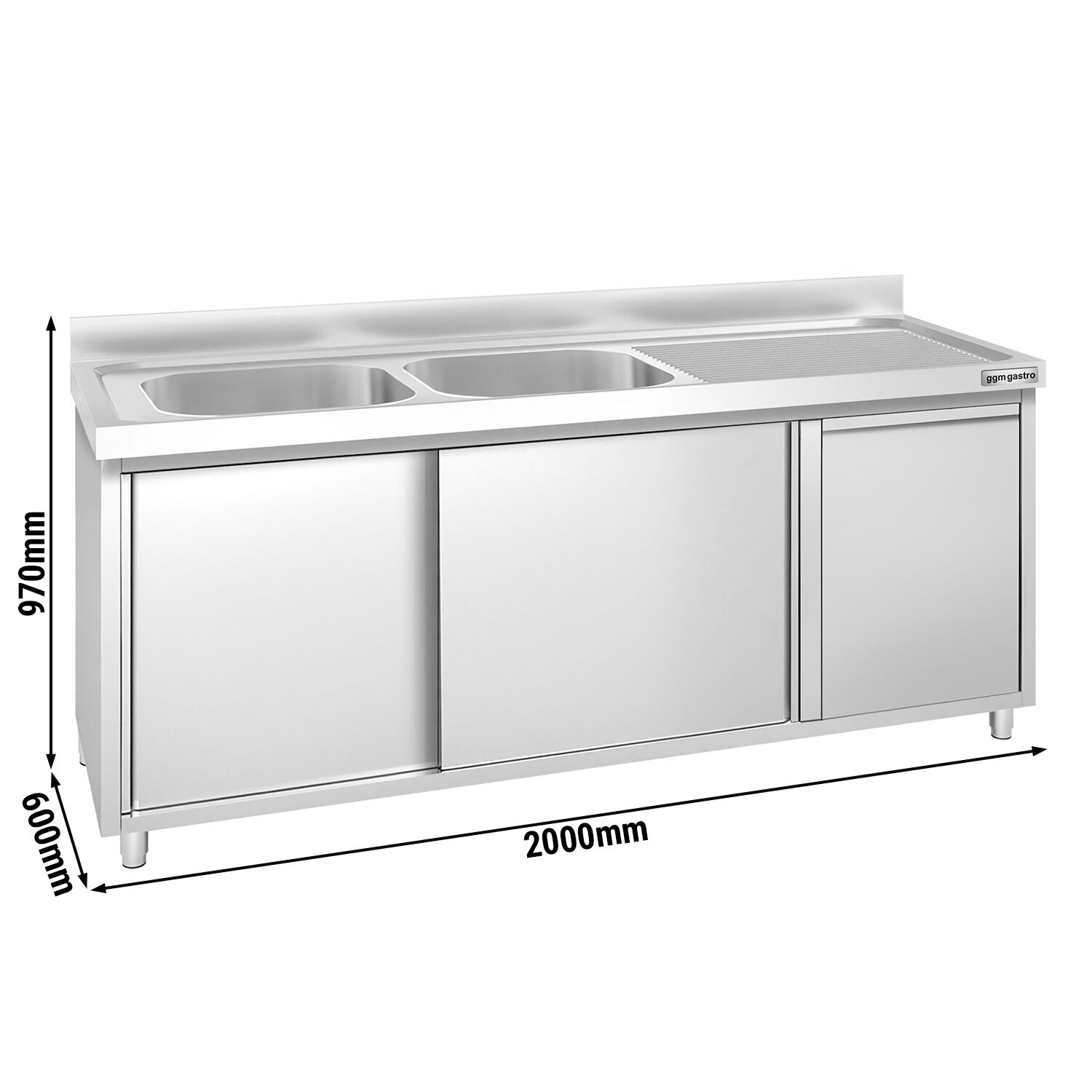 Meuble plonge PREMIUM - 2000x600mm - avec poubelle intégrée et 2 bacs