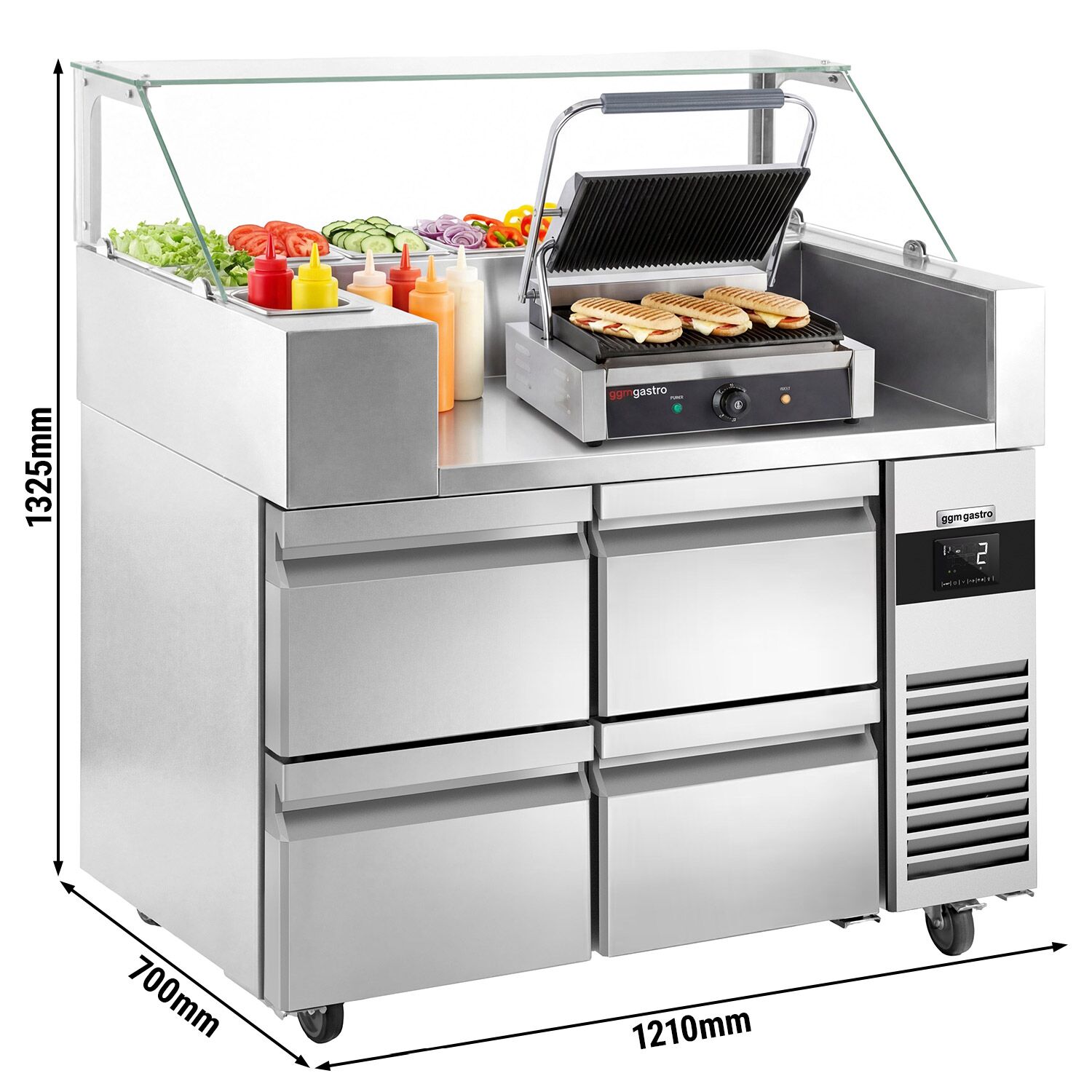 Table de préparation – 1210 mm – 4 tiroirs – pour 9 bacs GN 1/6 – incl. grill de contact