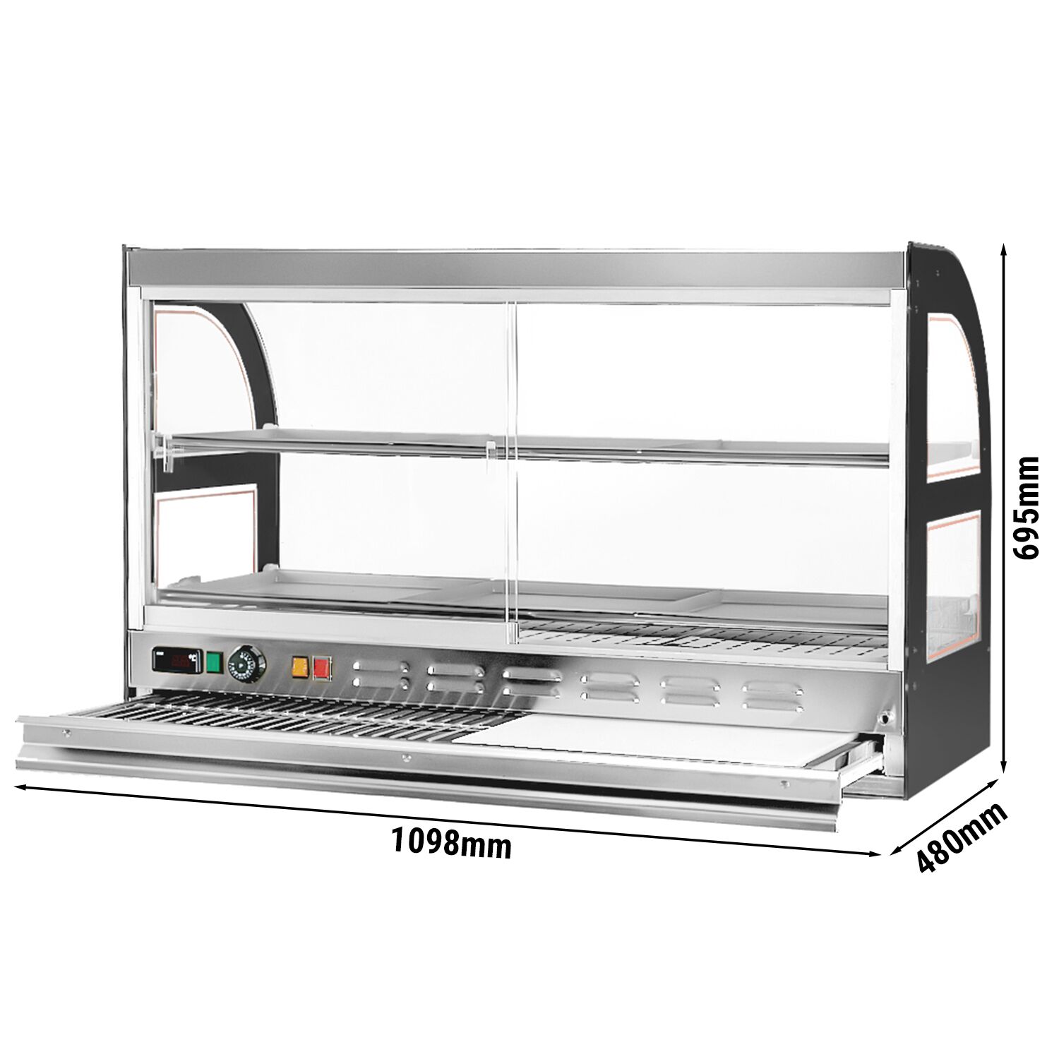 Vitrine chauffante pour poulet – 1,8 kW – 2 étagères – avec planche à découper extractible