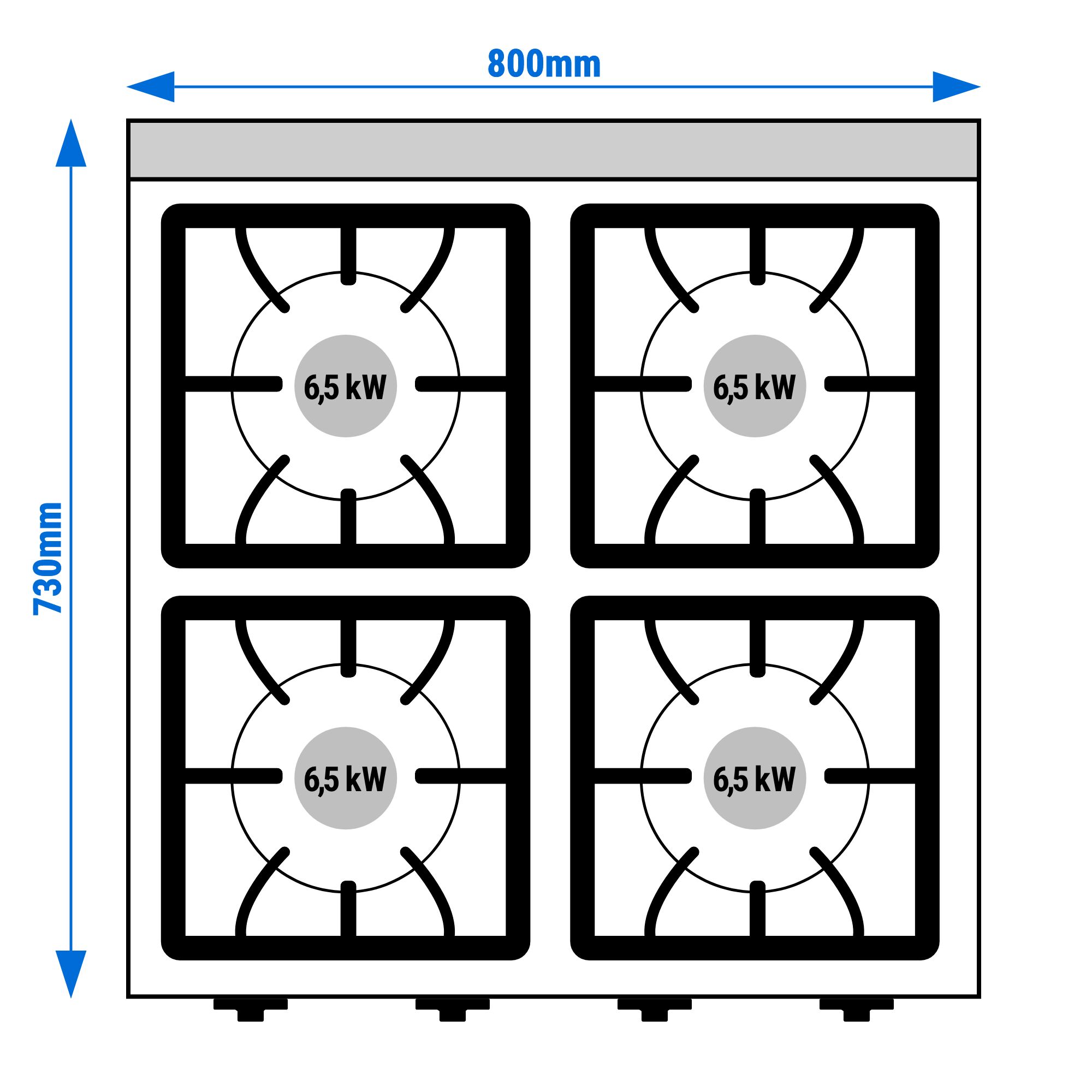 Fourneau à gaz – 32 kW – 4 brûleurs – avec four à gaz statique – 6 kW