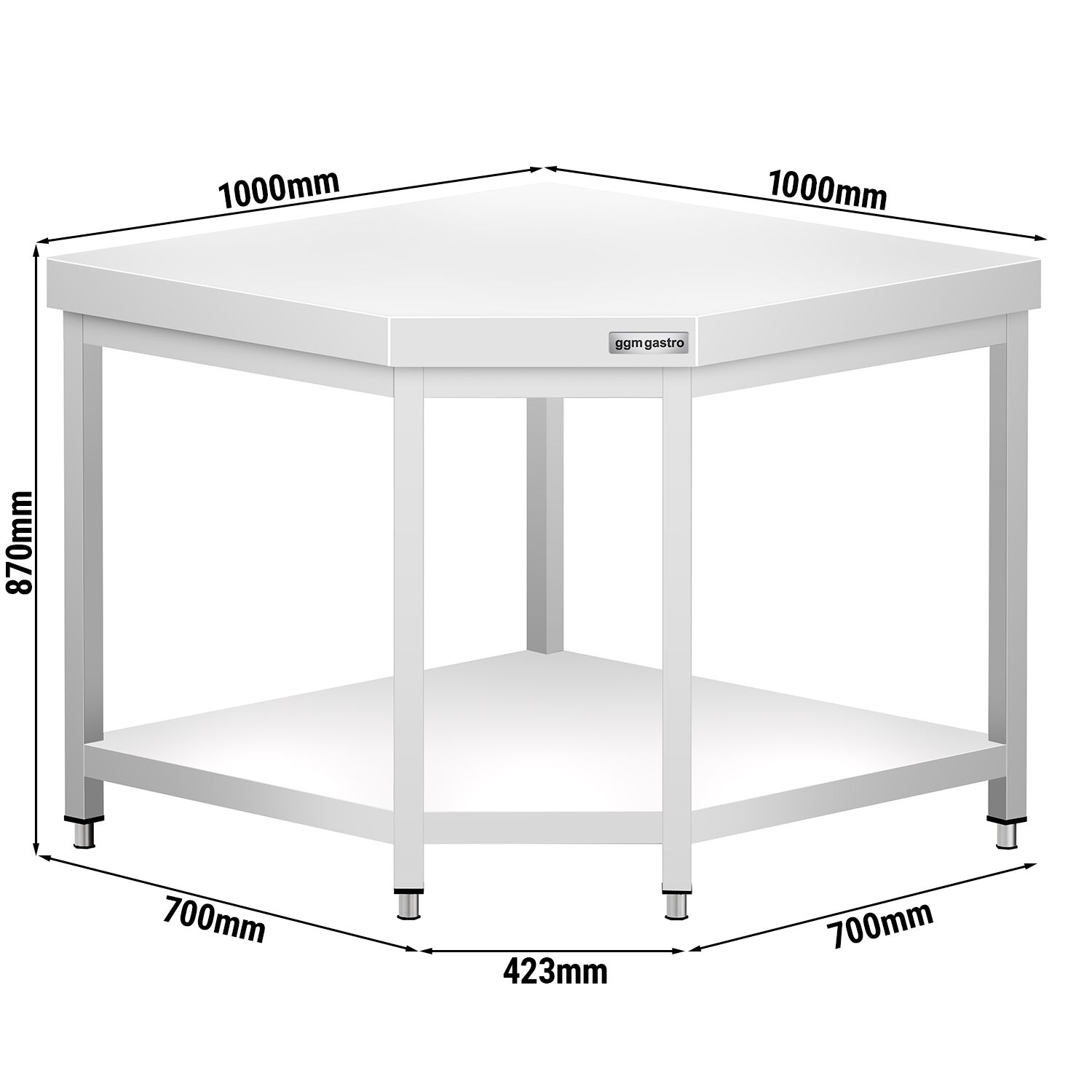 Table de travail en inox d’angle PREMIUM - 1000x700mm - avec étagère basse