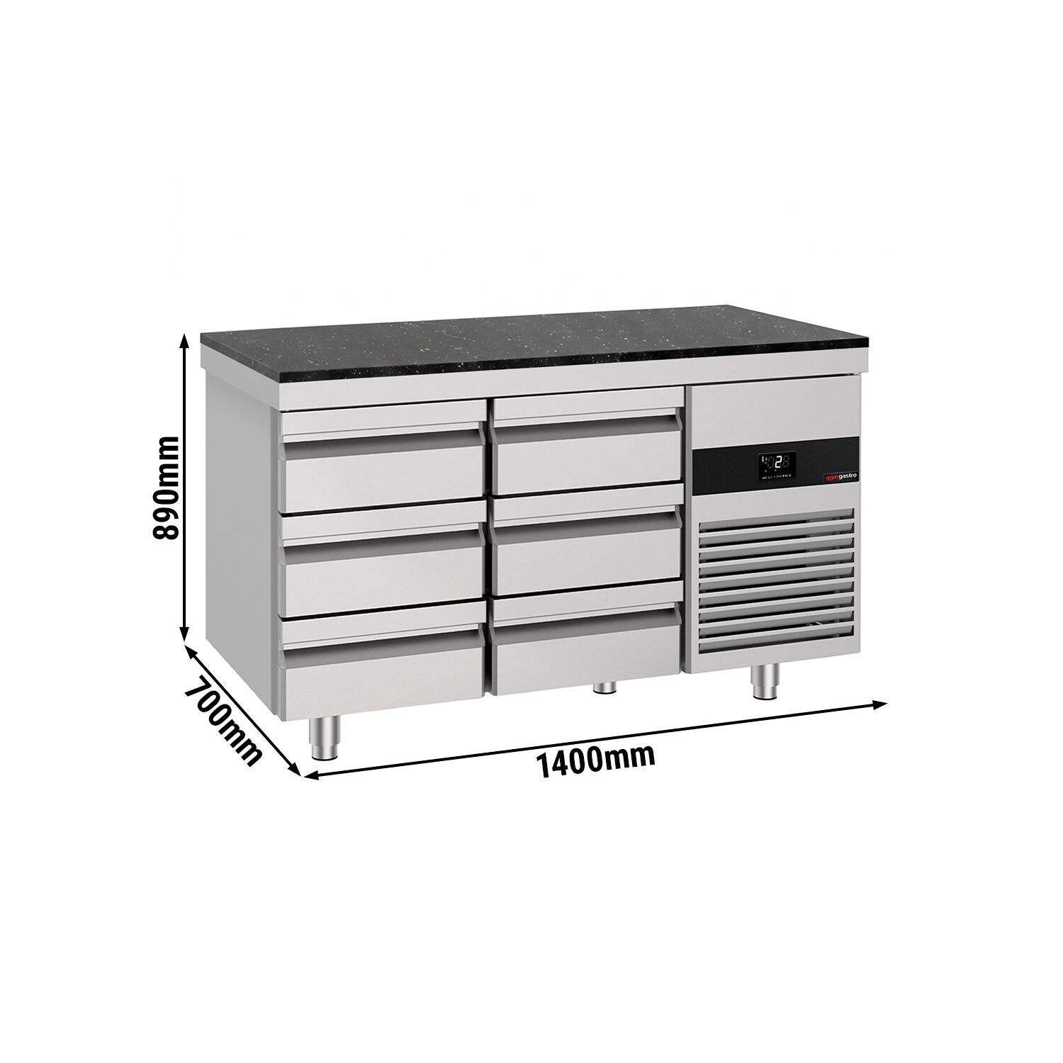 PREMIUM Refrigerated Counter – 1400 × 700 mm – with 6 Drawers – incl. Granite Worktop