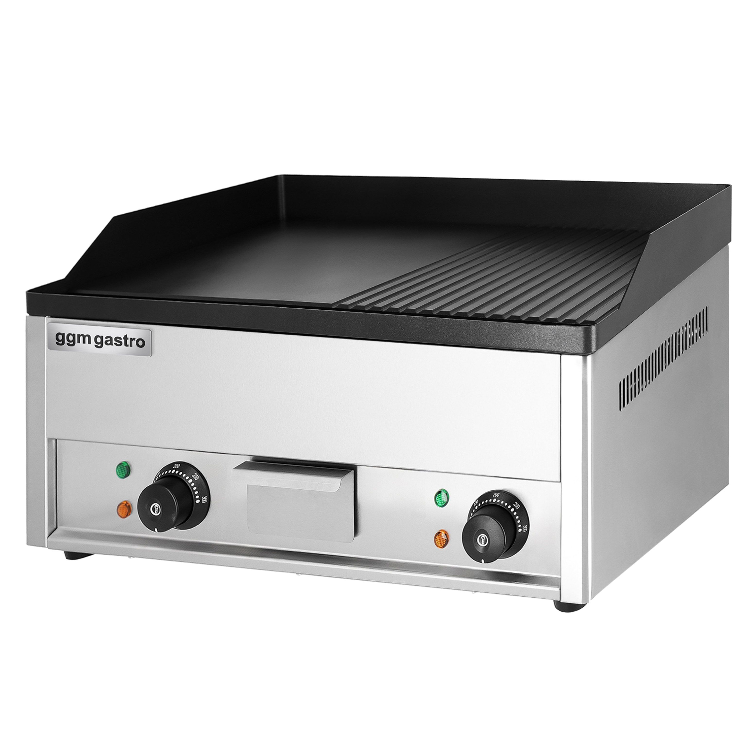 Plancha électrique - plaque acier - 2 zones - 4,40 kW - 1/2 lisse, 1/2 rainurée - Surface de cuisson : 600x335mm