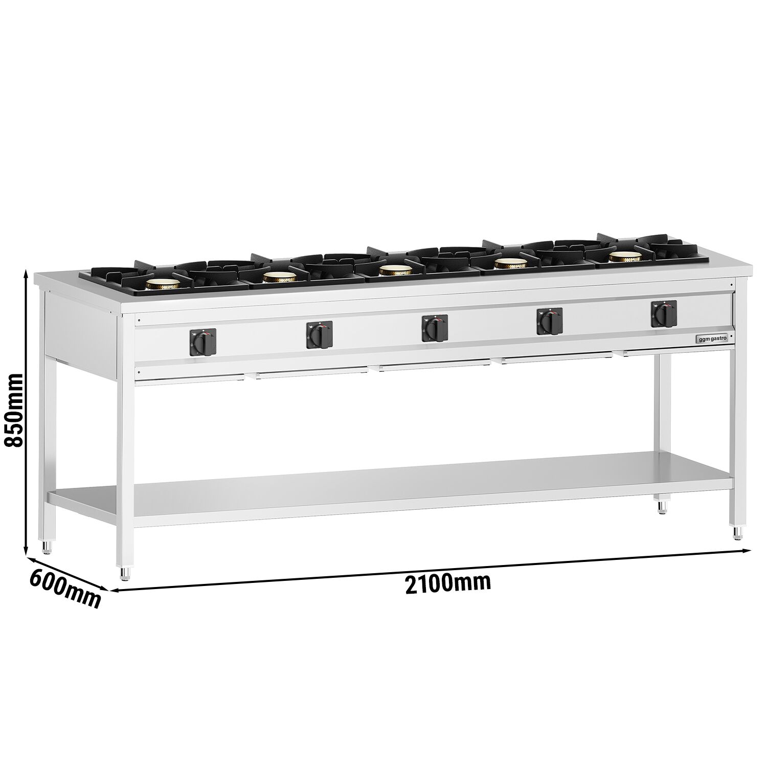 Fourneau à gaz – 42,5 kW – 5 brûleurs – ouvert avec socle de base & tiroir de récupération