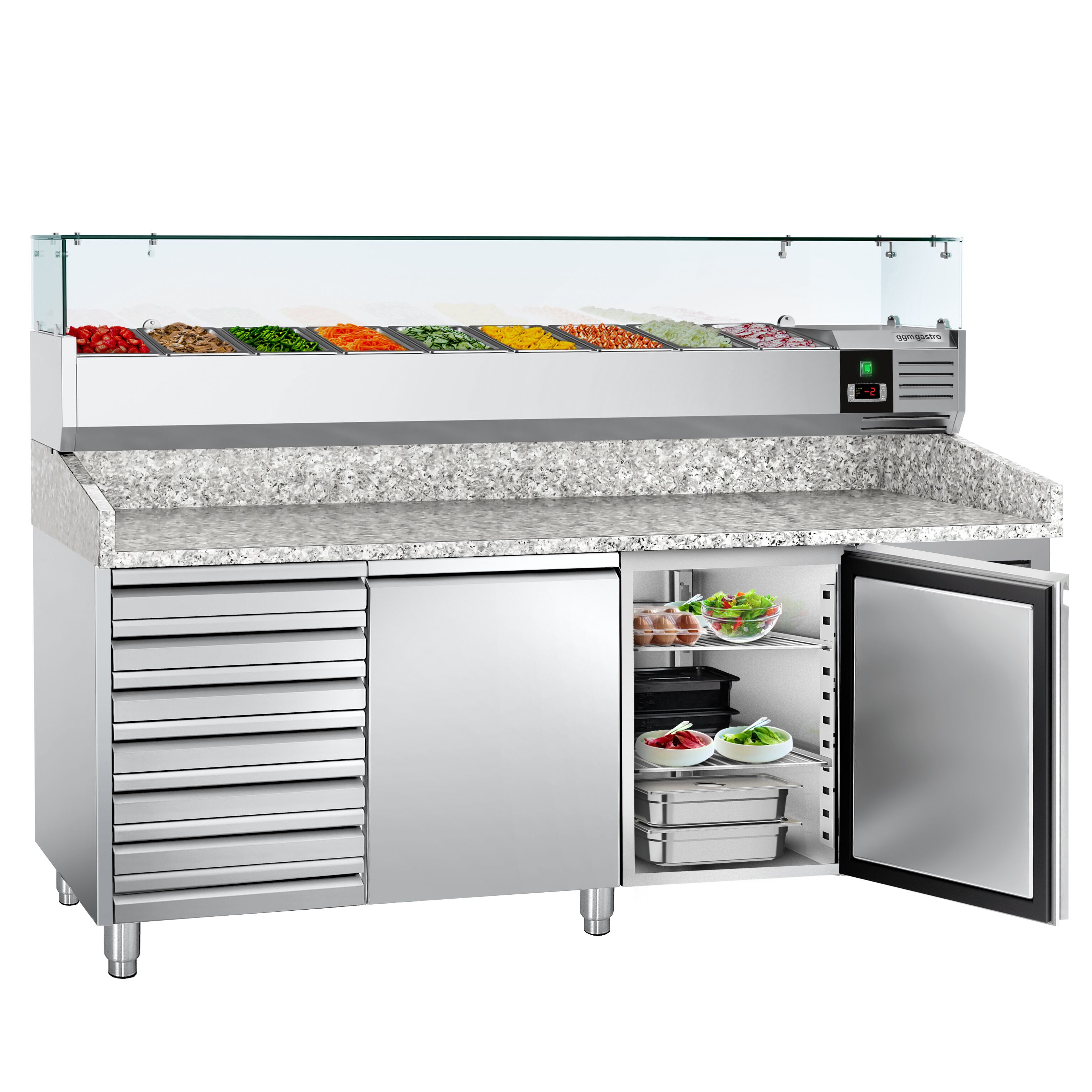 Table réfrigérée à pizza ECO - 2000 x 800 mm - avec 2 portes et 7 tiroirs - incl. vitrine réfrigérée - 10 x GN 1/4