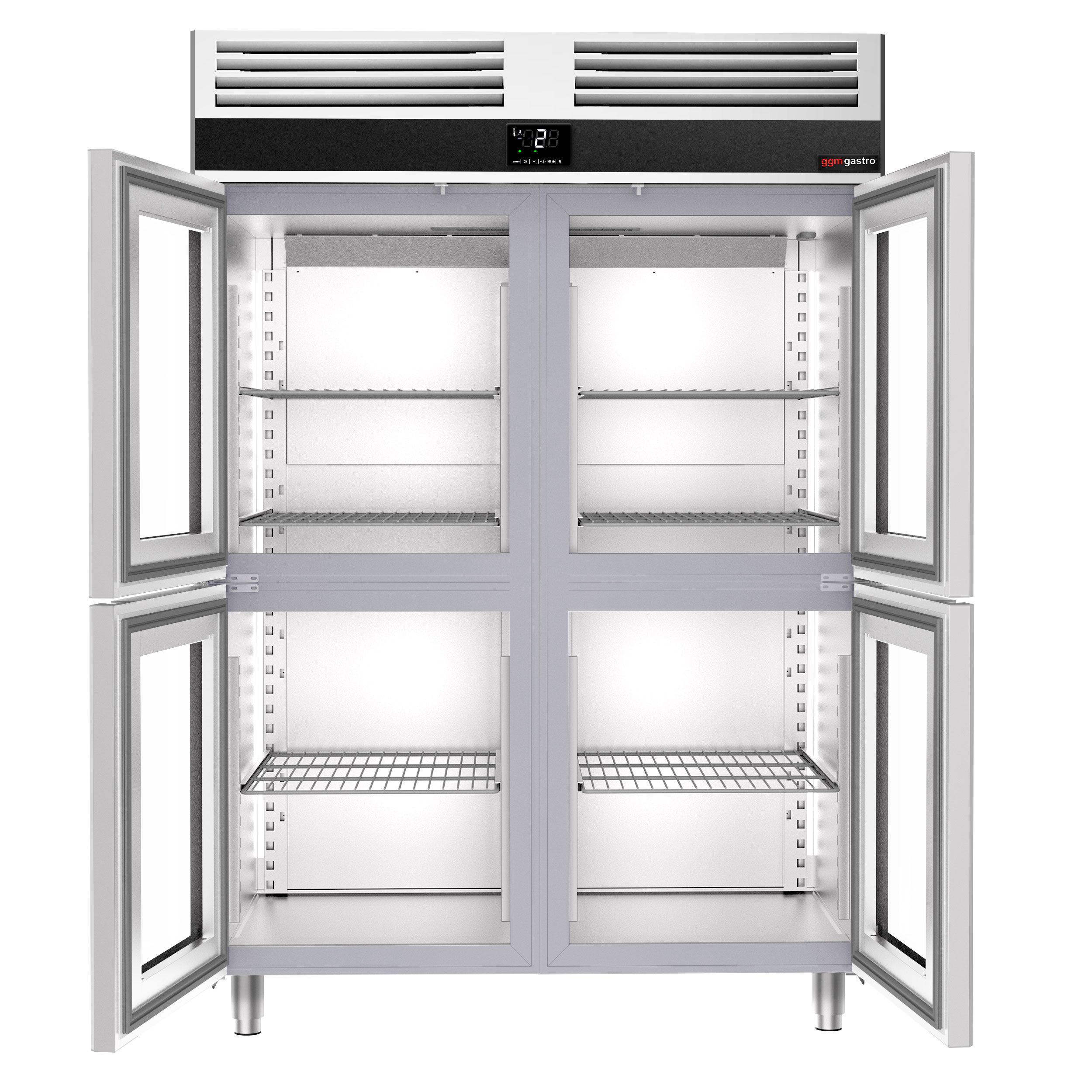 Armoire réfrigérée vitrée positive en acier inoxydable PREMIUM - GN 2/1 - 1400 L - avec 4 demi-portes vitrées