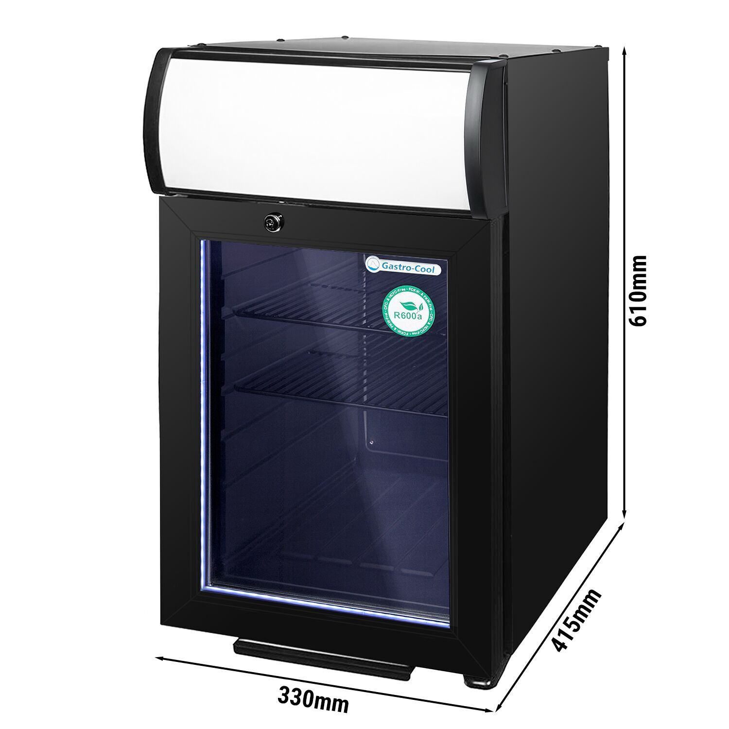 GASTRO-COOL | Réfrigérateur publicitaire avec enseigne lumineuse - 21 litres - avec 1 porte vitrée - Noir