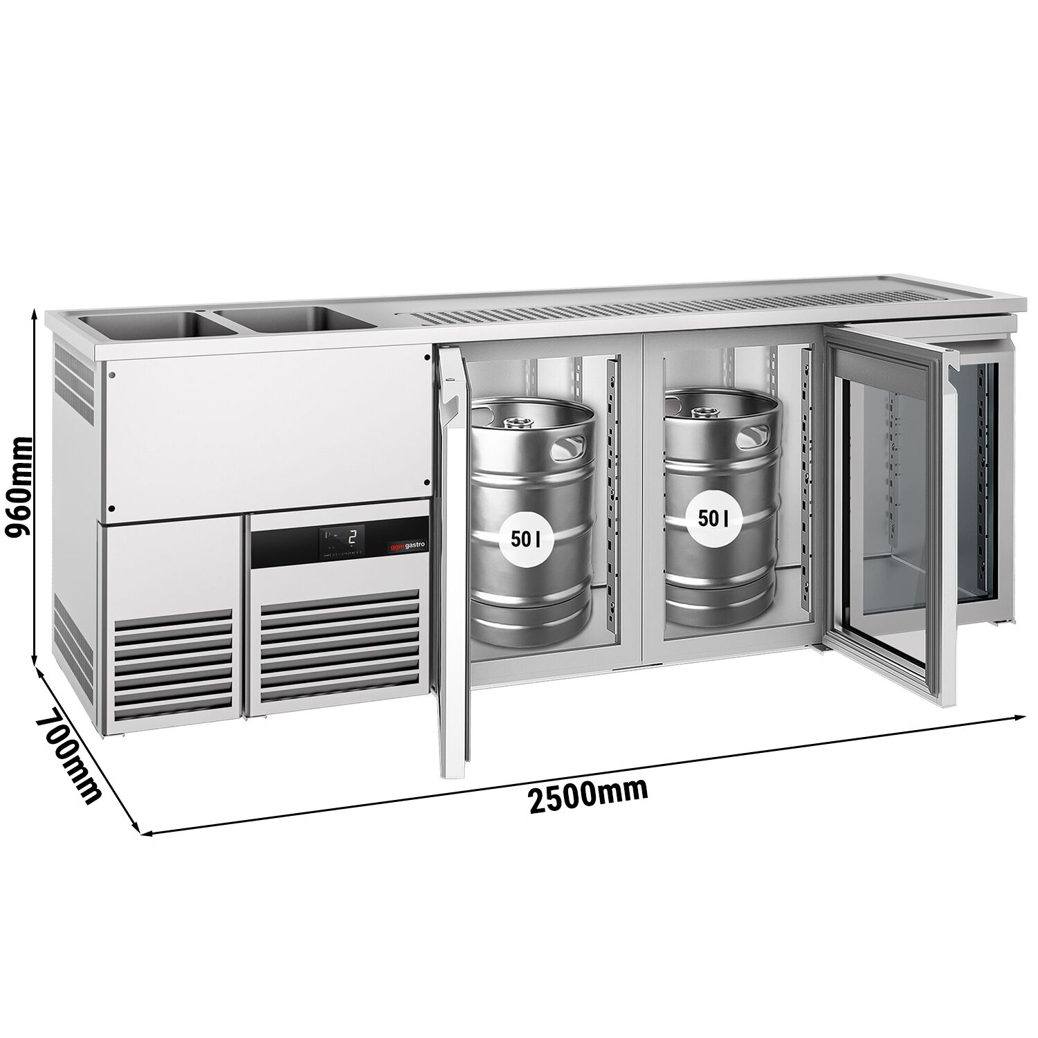 Comptoir de bar réfrigéré PREMIUM - 2500x700mm - 3 portes vitrées