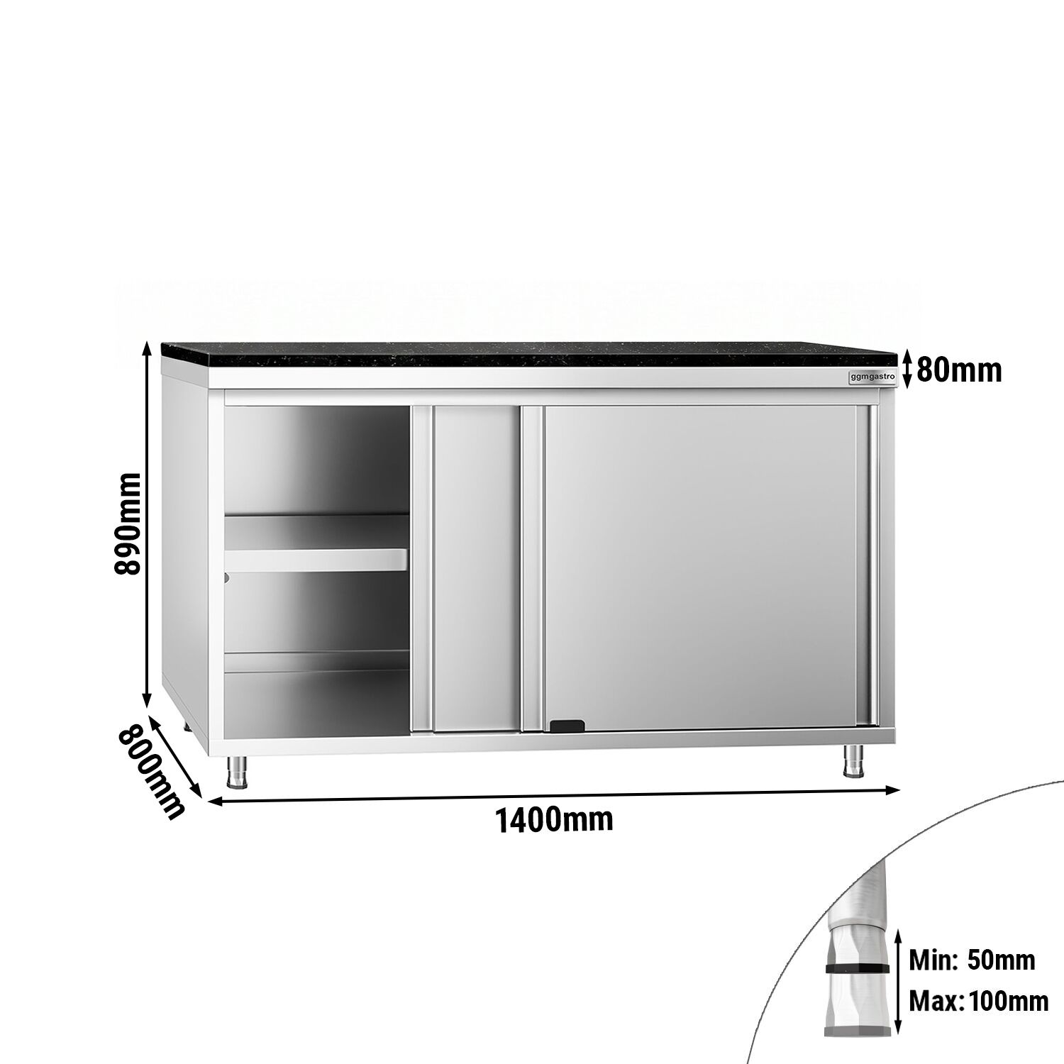 Edelstahl Arbeitsschrank PREMIUM - 1400x800mm - mit Schiebetür - inkl. Granitarbeitsplatte