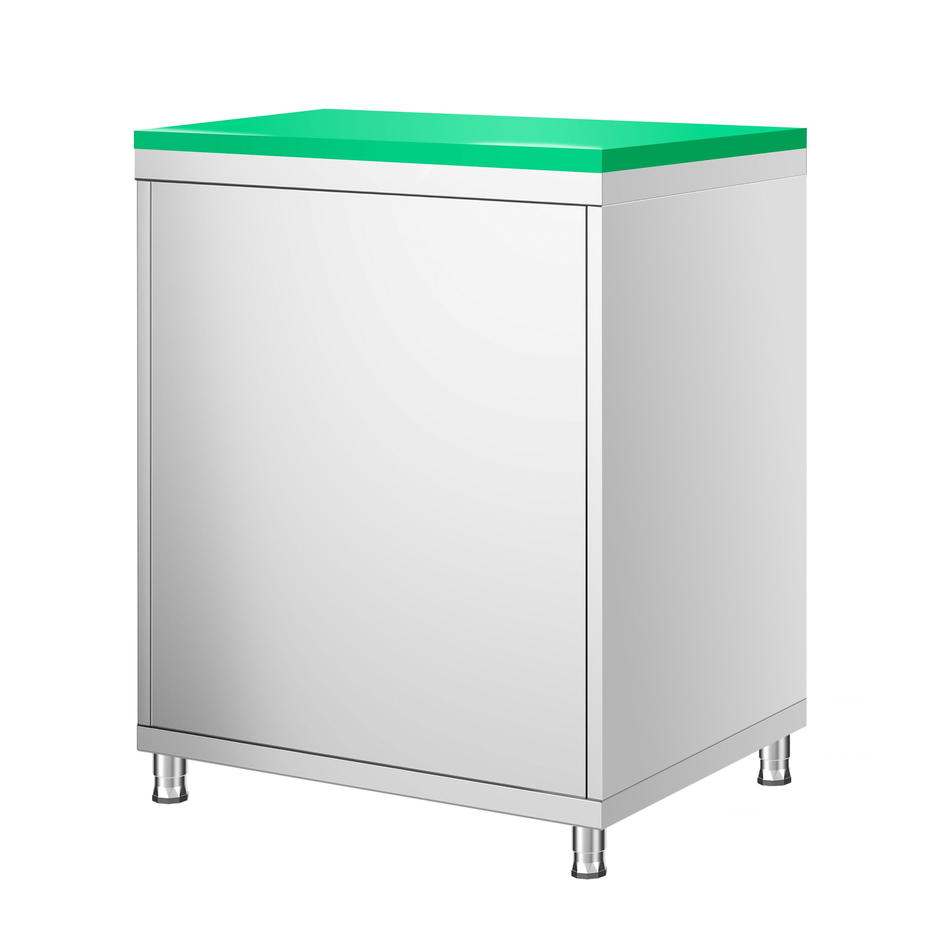 Table armoire en acier inoxydable PREMIUM - 600x600mm - avec porte battante - incl. plateau de découpe Vert PEHD (HACCP) - pour fruits et légumes