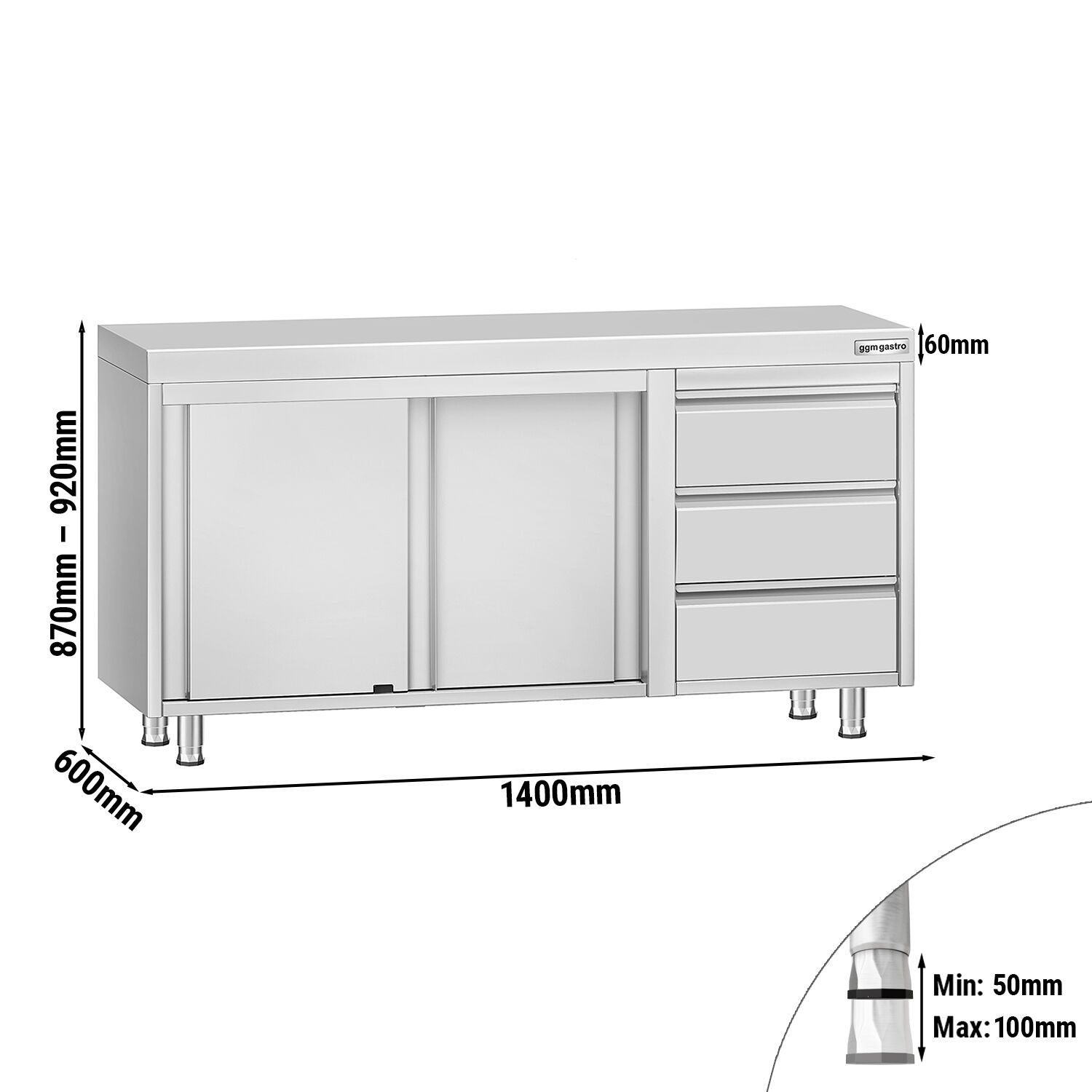Table armoire en acier inoxydable ECO - 1400x600mm - avec 3 tiroirs à droite et portes coulissantes et étagère basse